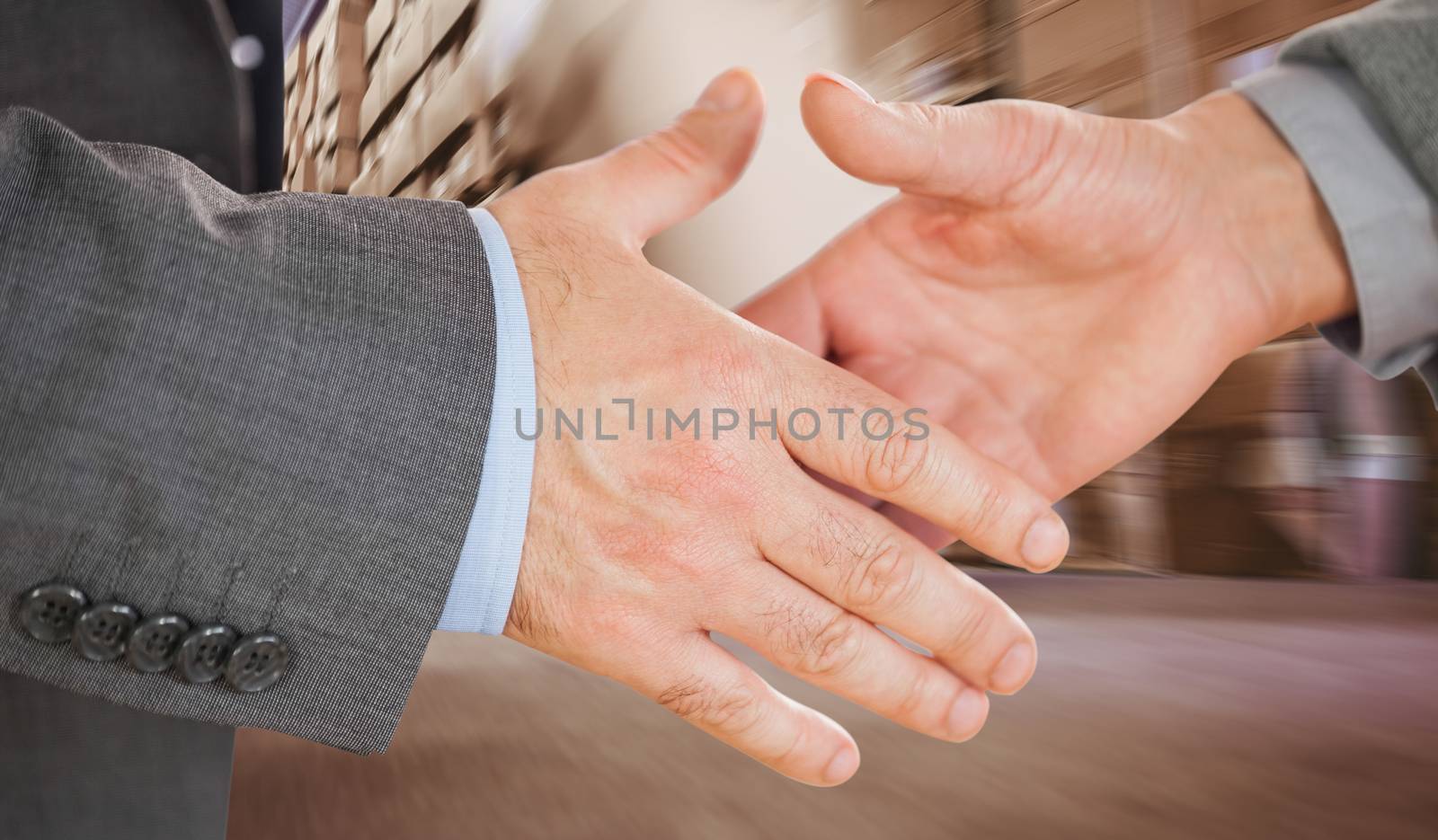 Two people going to shake their hands against worker with fork pallet truck stacker in warehouse