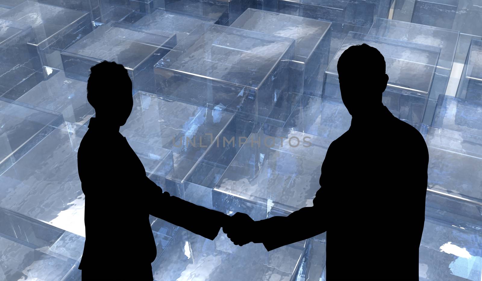 Smiling business people shaking hands while looking at the camera against abstract square design