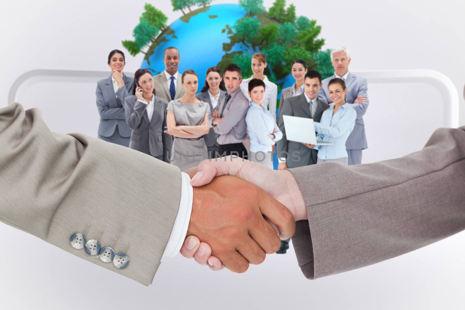 Composite image of side view of shaking hands by Wavebreakmedia