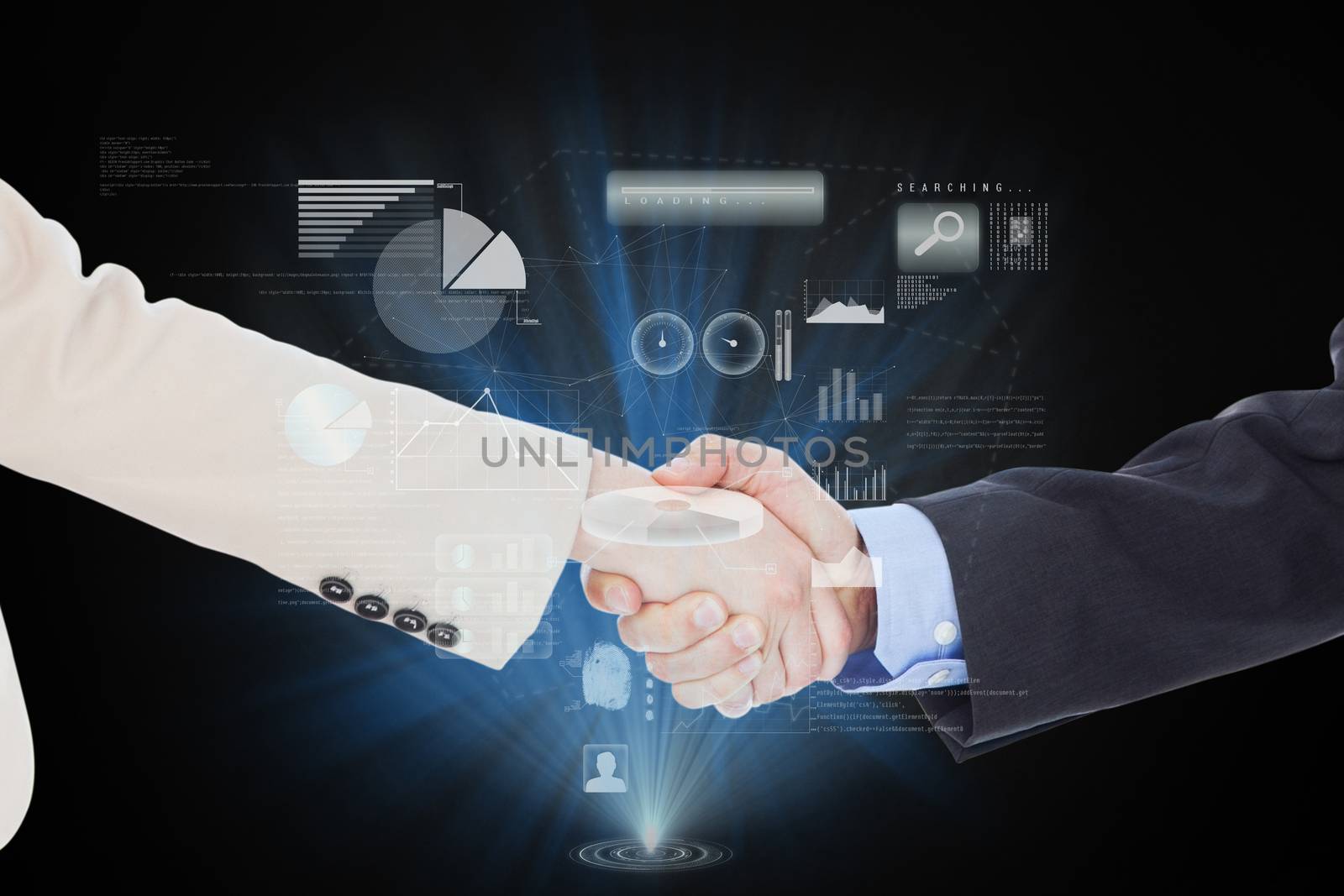 Composite image of smiling business people shaking hands while looking at the camera by Wavebreakmedia