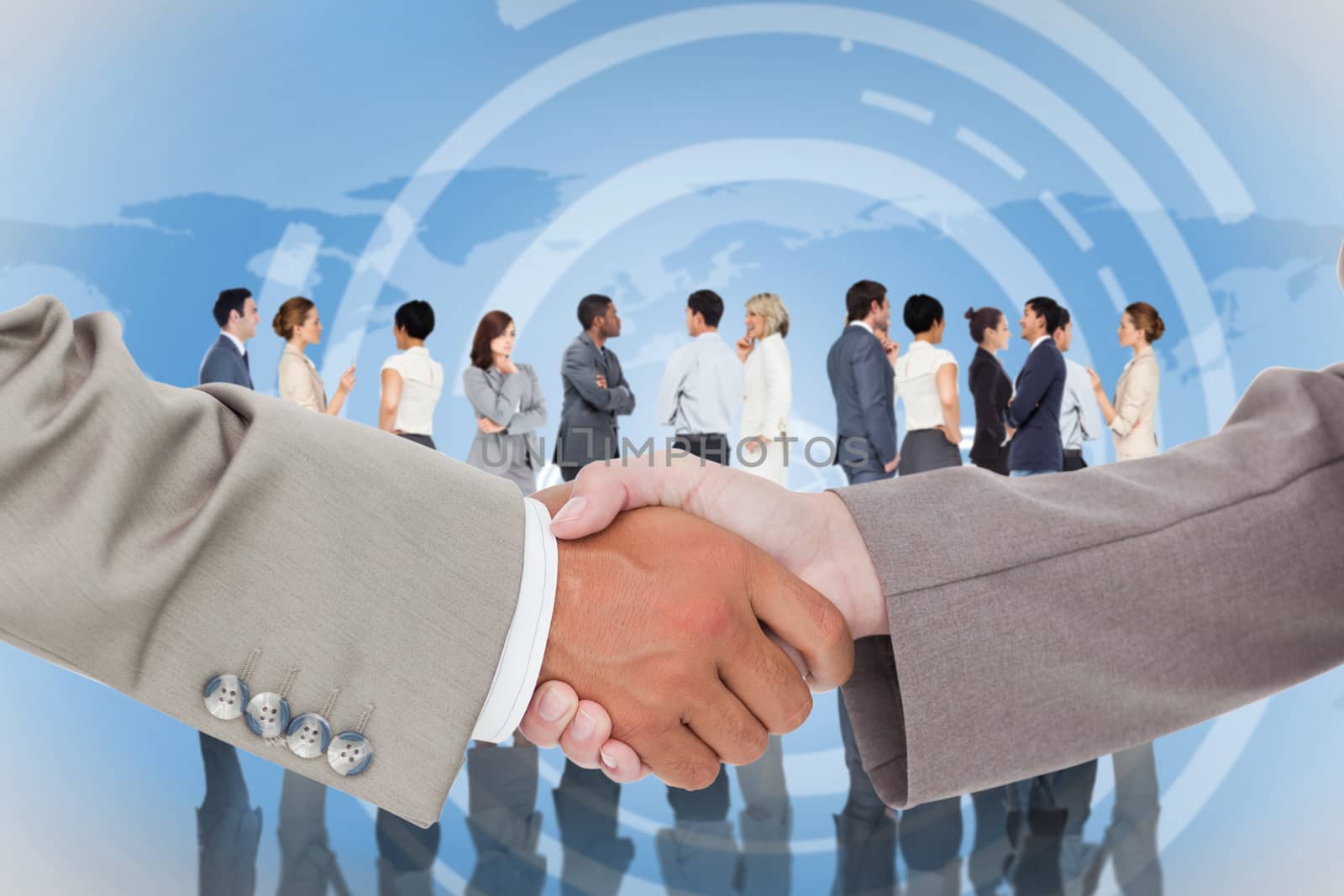 Side view of shaking hands against international business interface