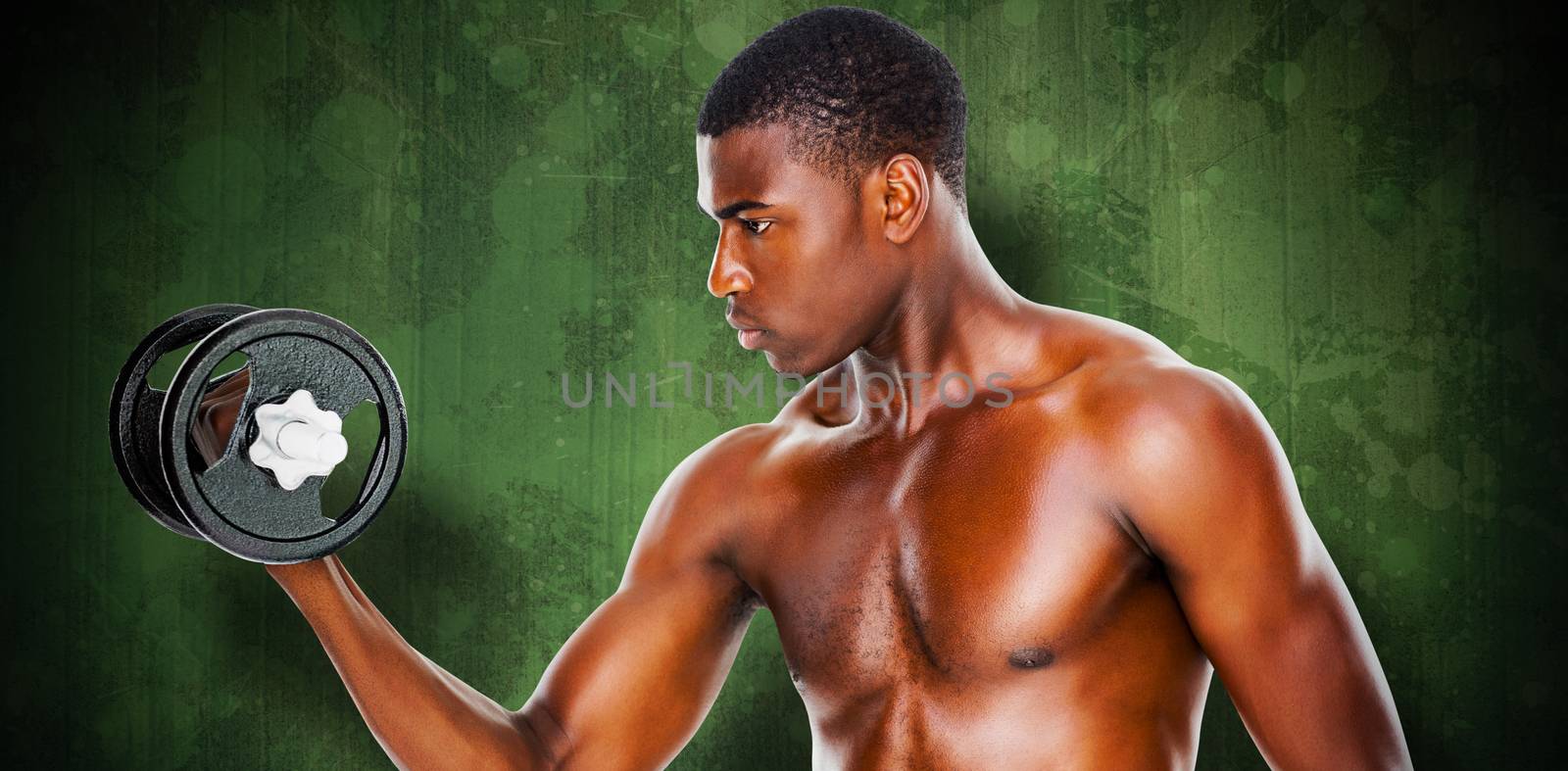 Composite image of serious fit shirtless young man lifting dumbbell by Wavebreakmedia