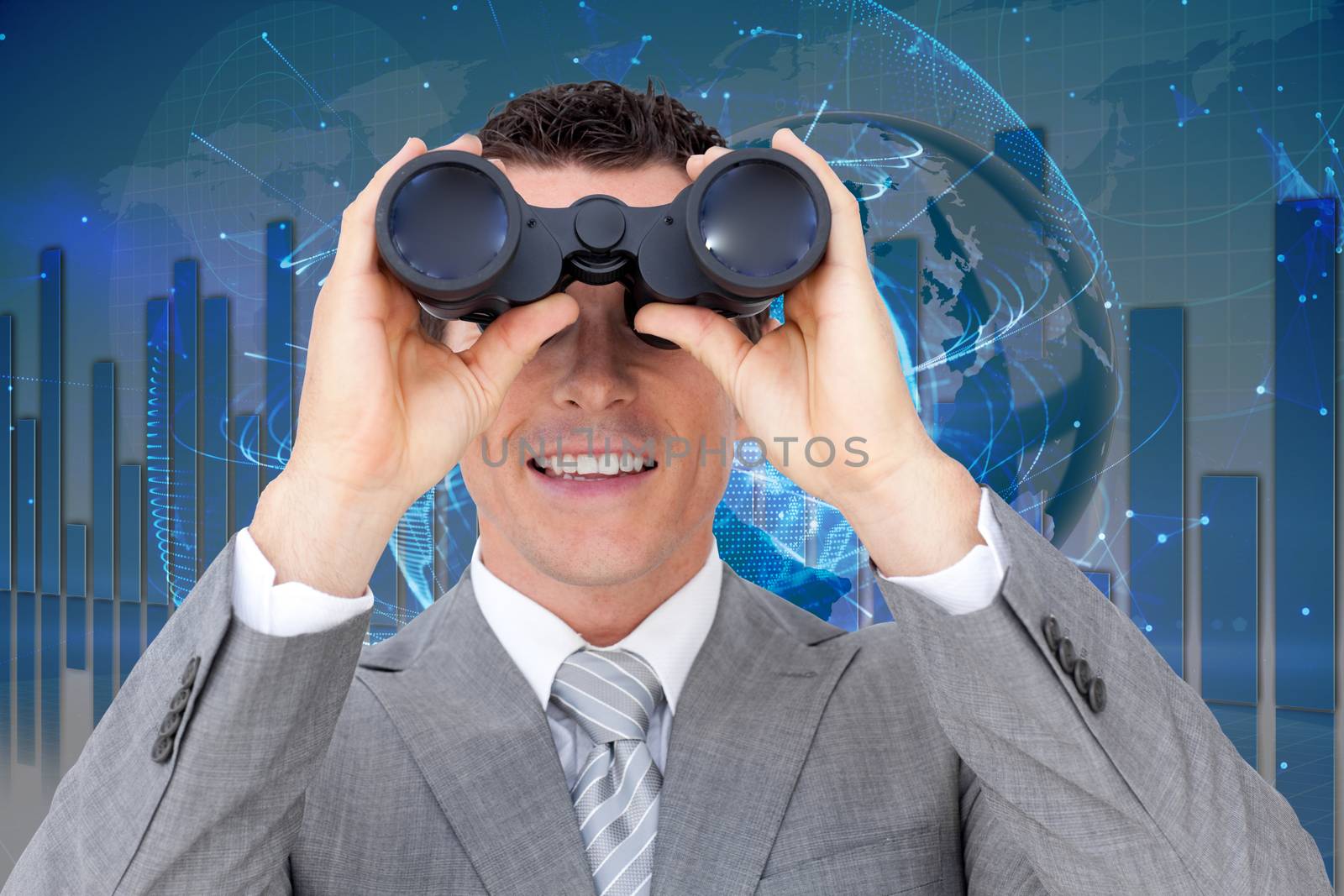 Businessman holding binoculars against global technology background in blue