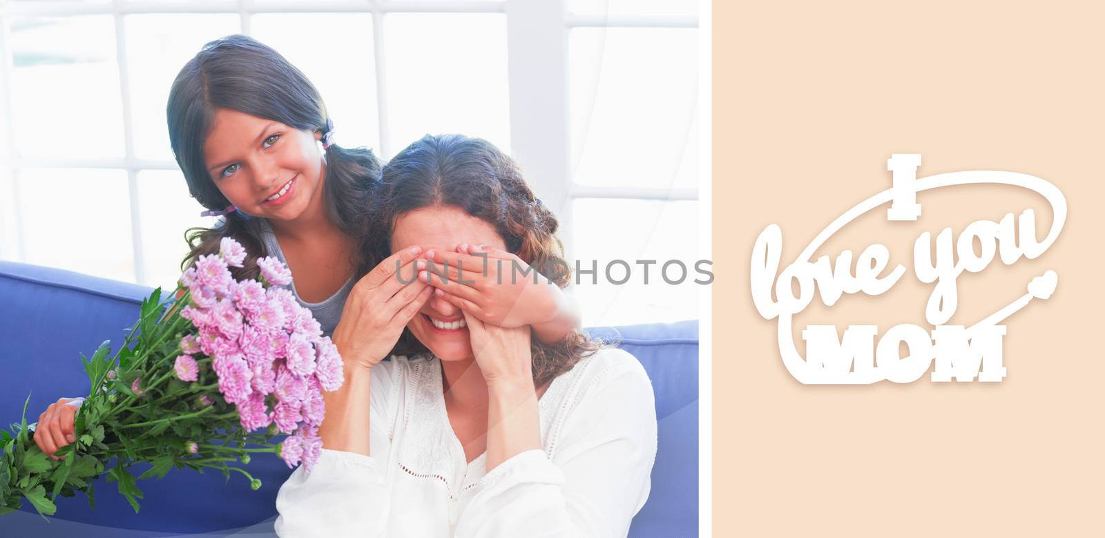 mothers day greeting against smiling girl offering flowers to her mother