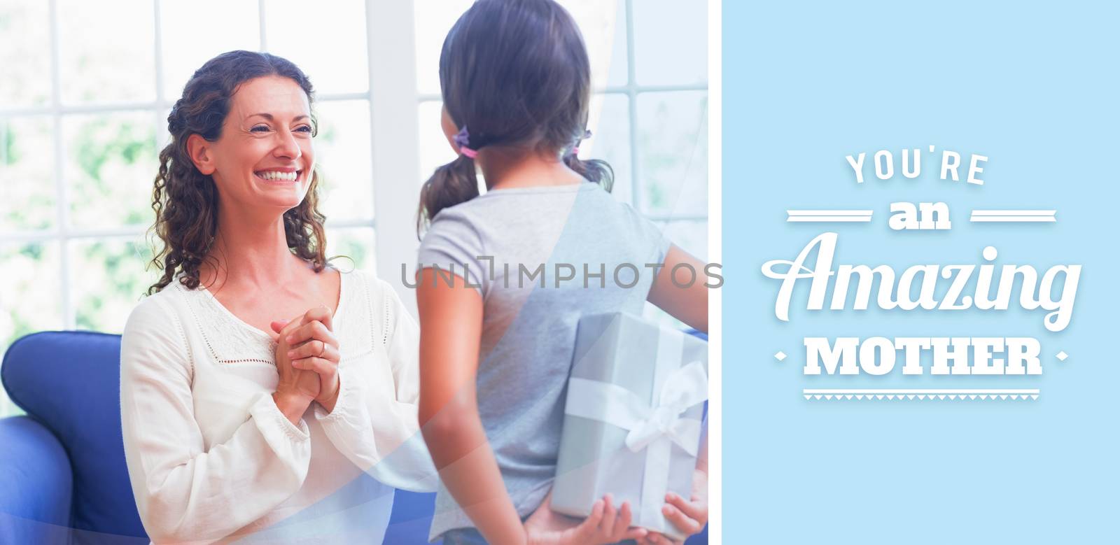 mothers day greeting against cute girl offering gift to her mother 