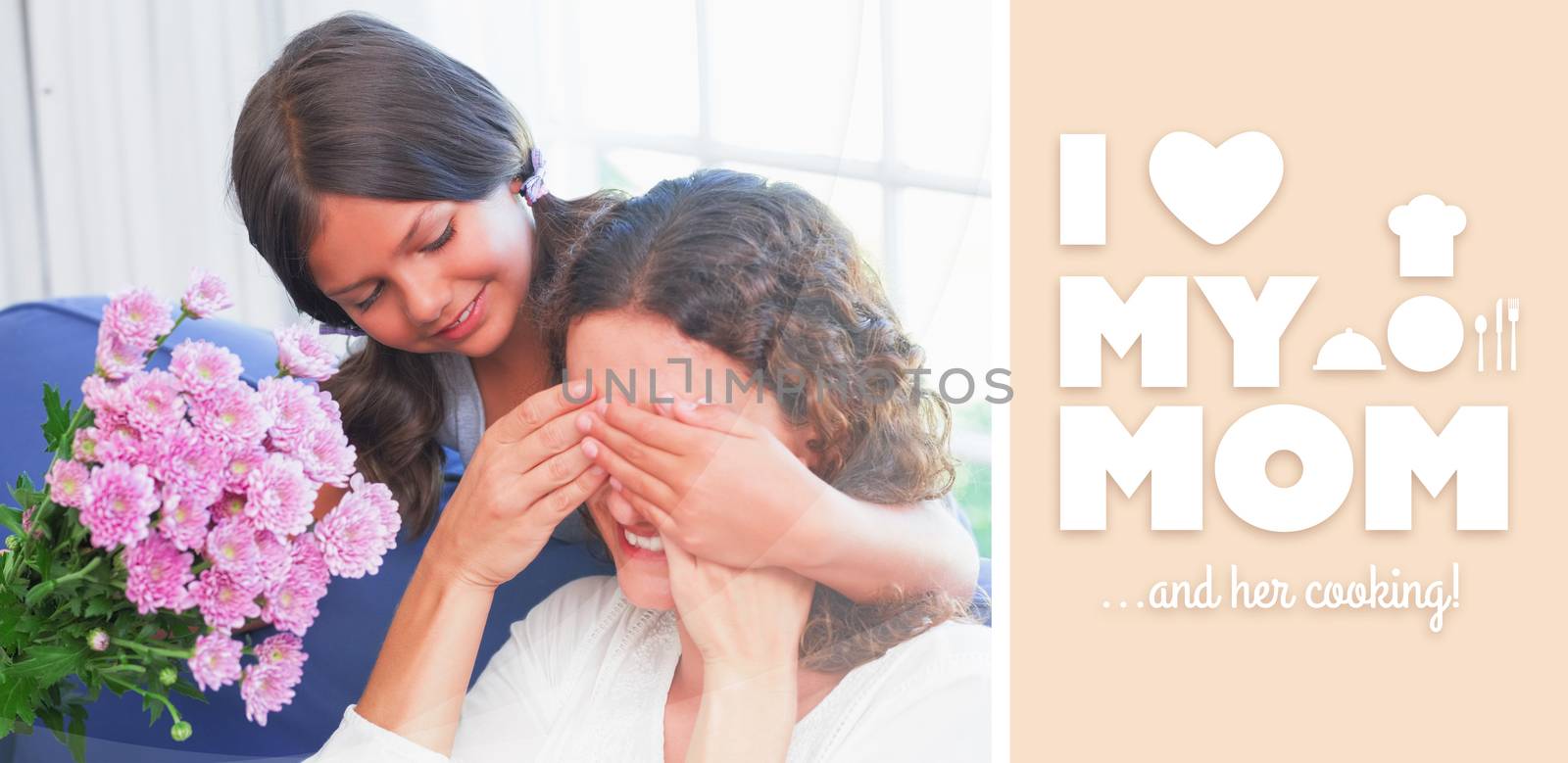 mothers day greeting against smiling girl offering flowers to her mother