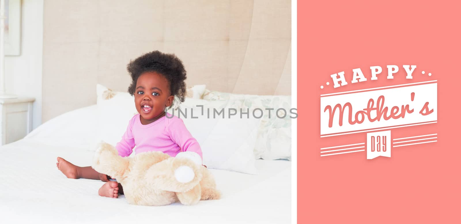 mothers day greeting against baby girl in pink babygro sitting on bed