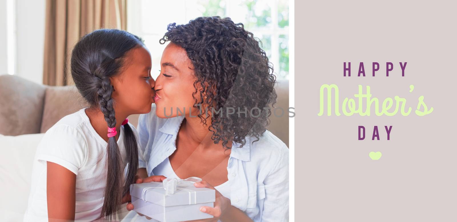 mothers day greeting against pretty mother sitting on couch offering daughter a gift