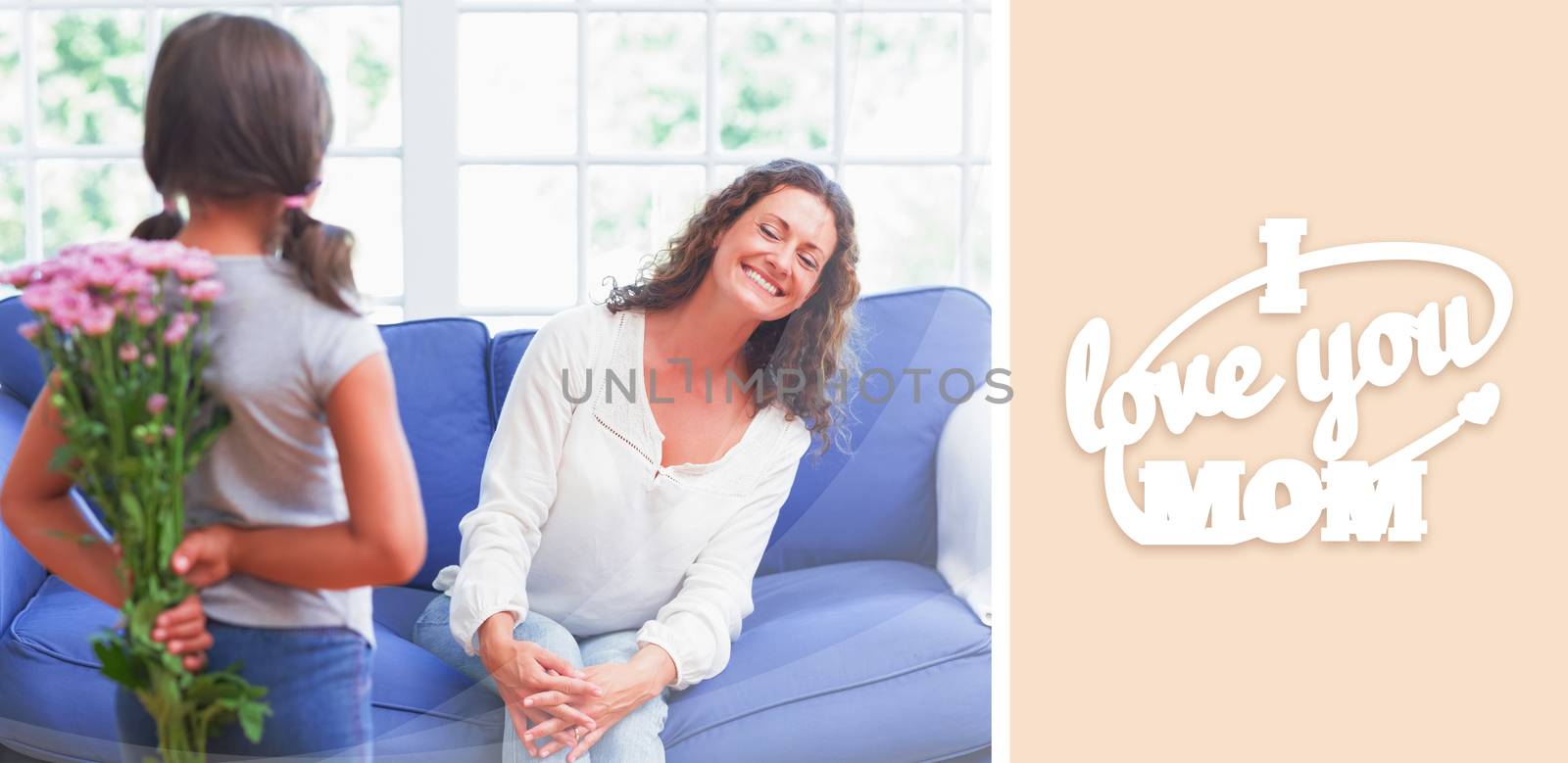 mothers day greeting against cute girl offering flowers to her mother