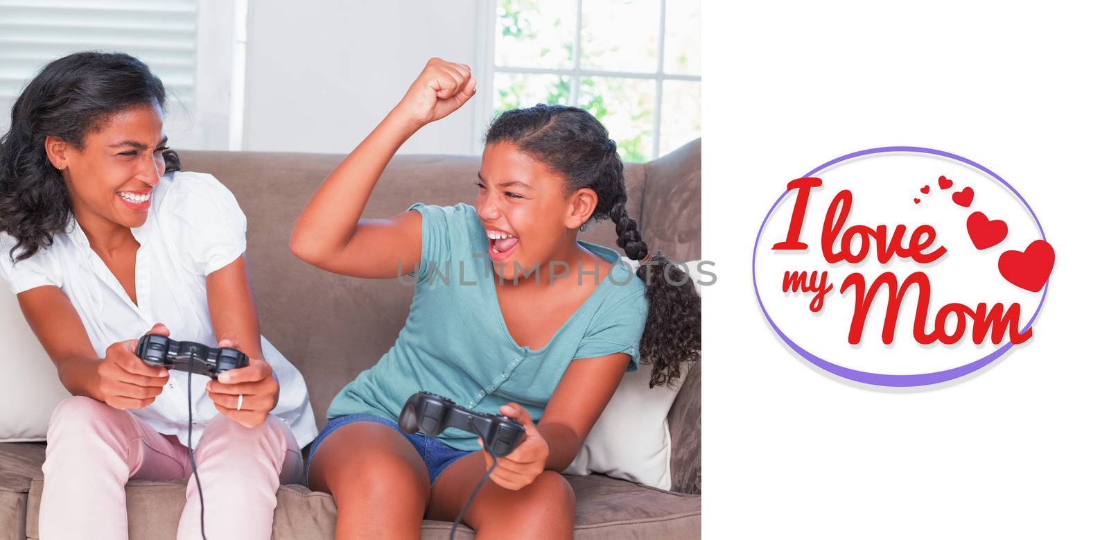 mothers day greeting against happy mother and daughter playing video games together on sofa