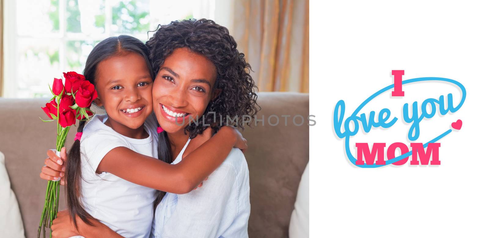 mothers day greeting against pretty mother sitting on the couch with her daughter holding roses