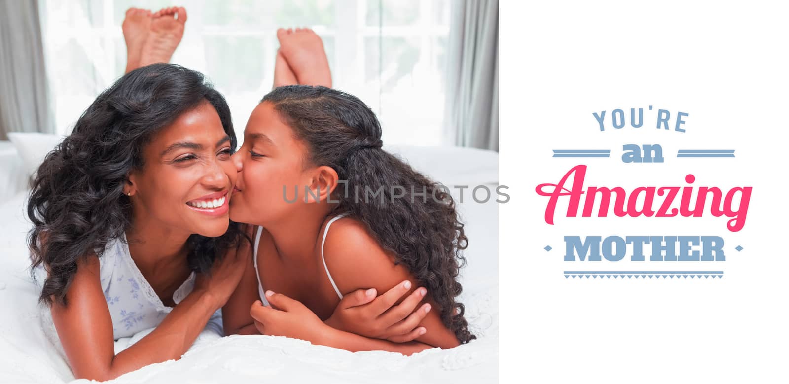 mothers day greeting against pretty woman lying on bed with her daughter kissing cheek