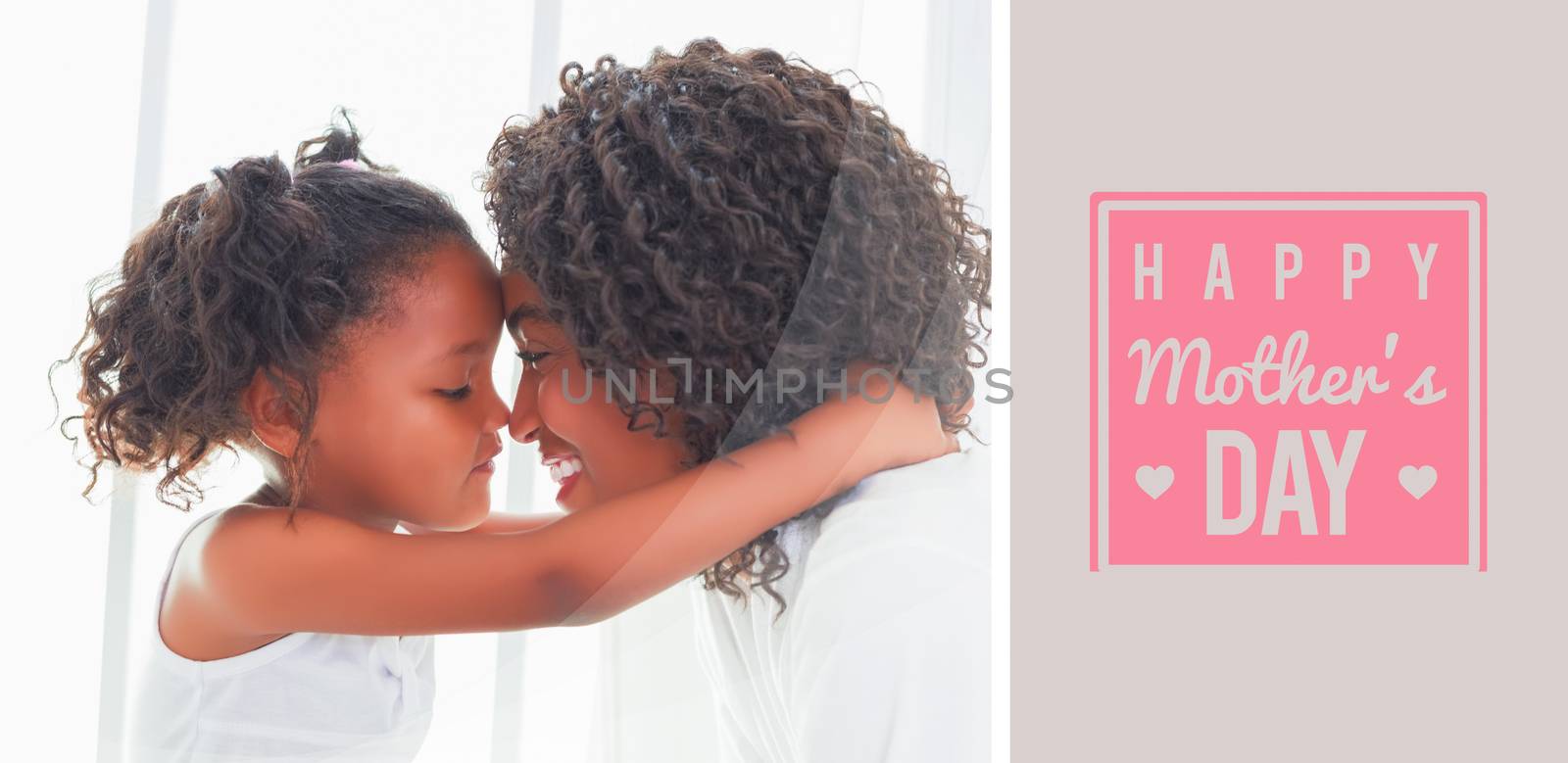 mothers day greeting against cute little girl hugging her mother