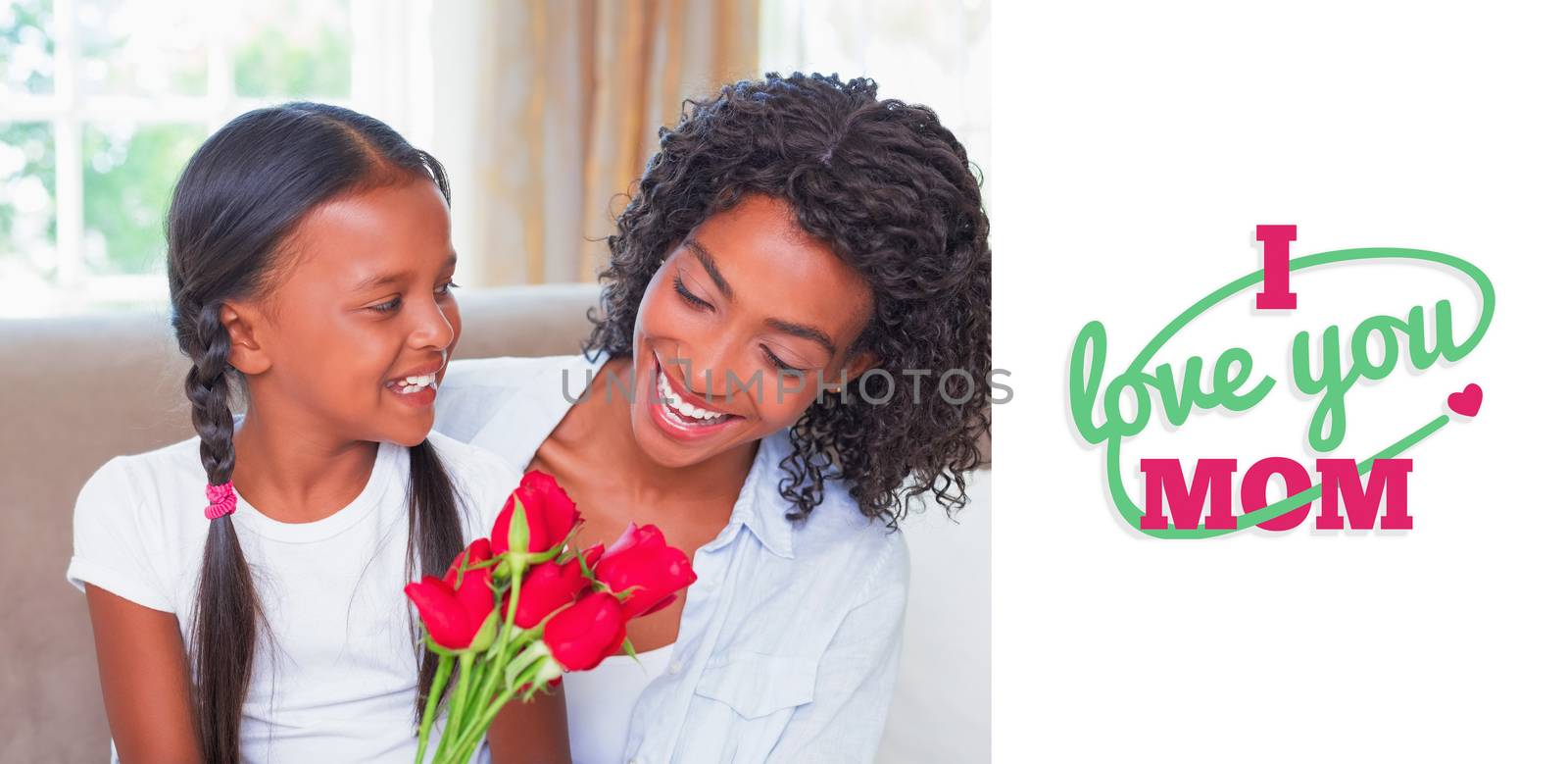 mothers day greeting against pretty mother sitting on the couch with her daughter holding roses