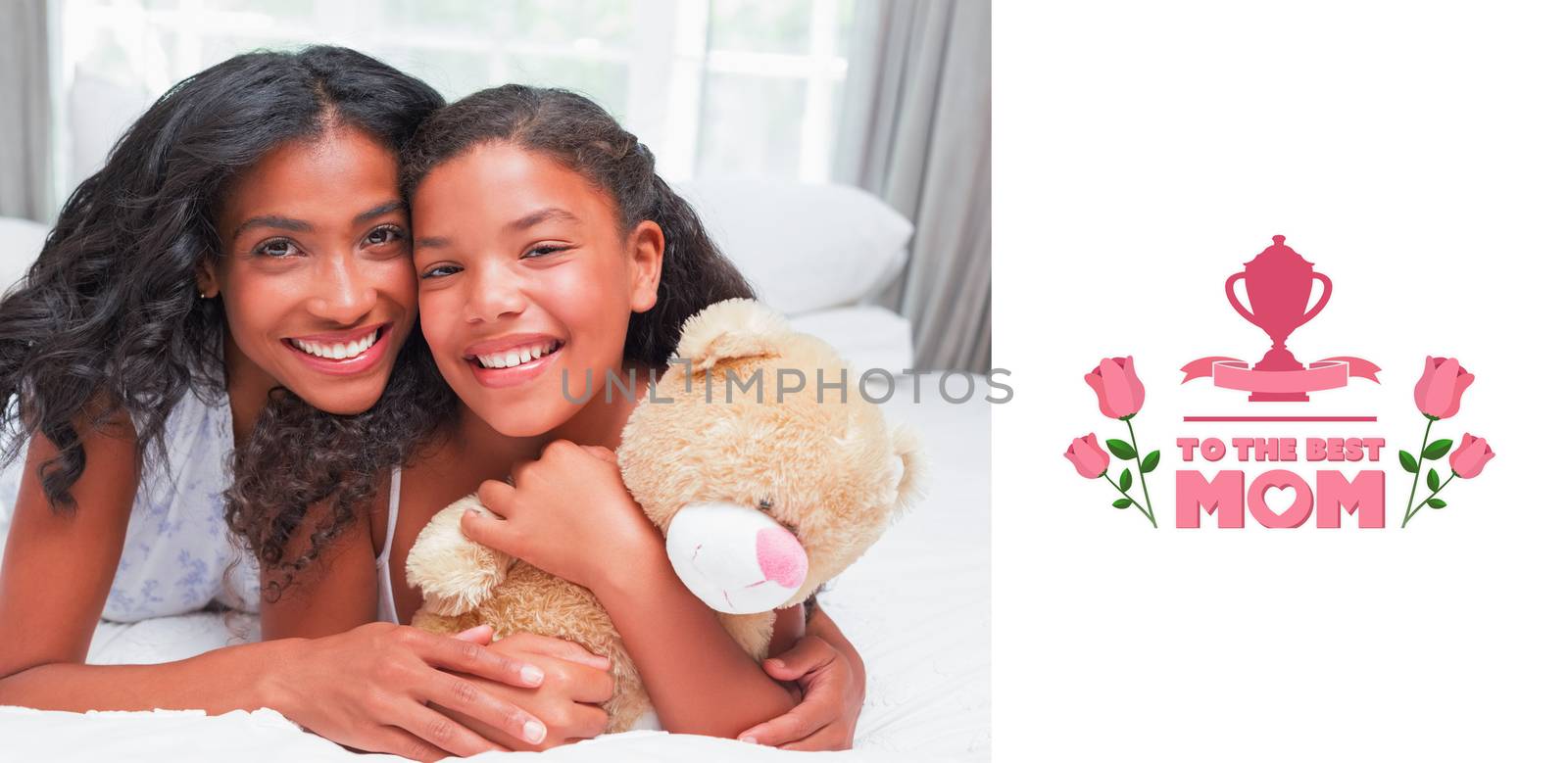 Pretty woman lying on bed with her daughter smiling at camera against mothers day greeting