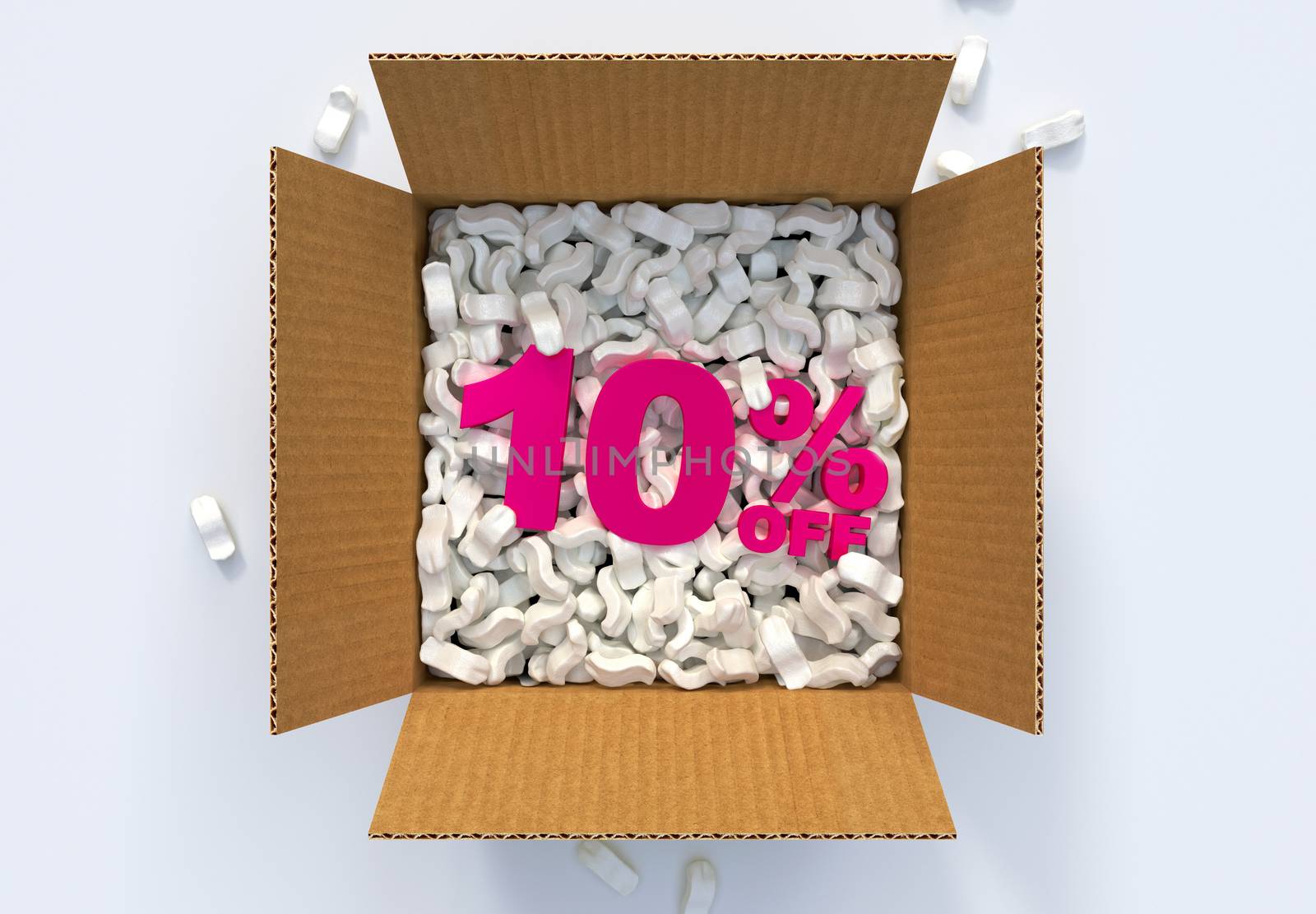 Cardboard Box with shipping peanuts and 10 percent off sign
