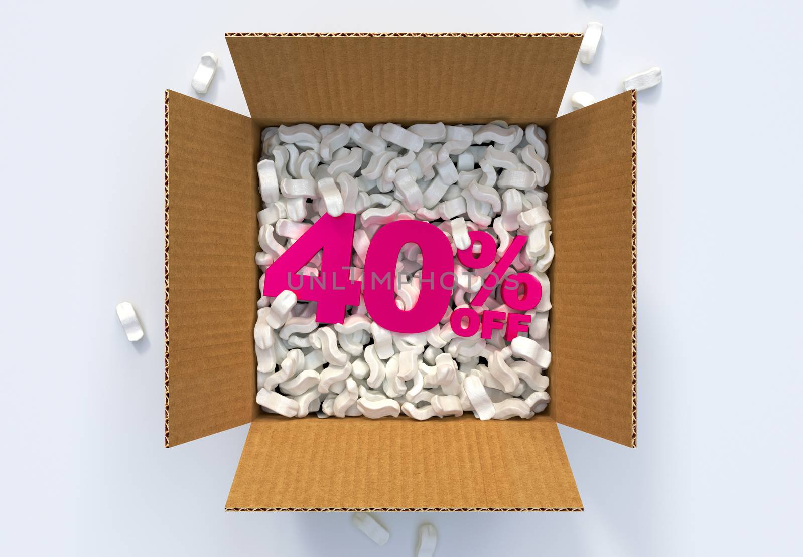 Cardboard Box with shipping peanuts and 40 percent off sign