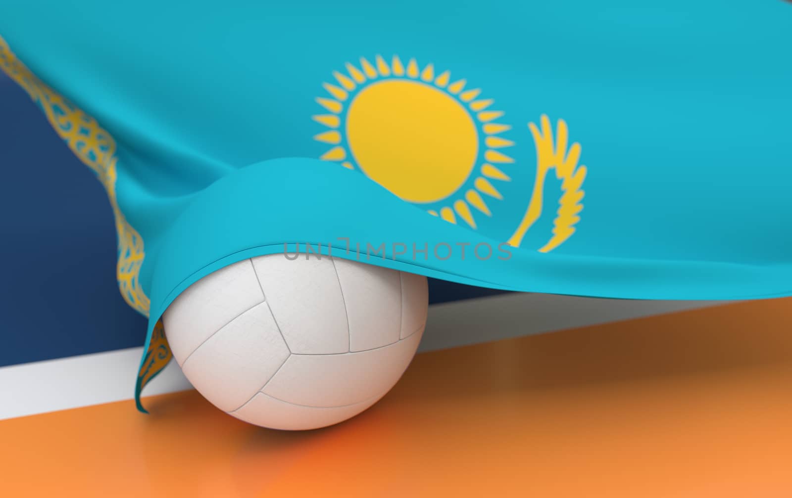 Flag of Kazakhstan with championship volleyball ball on volleyball court
