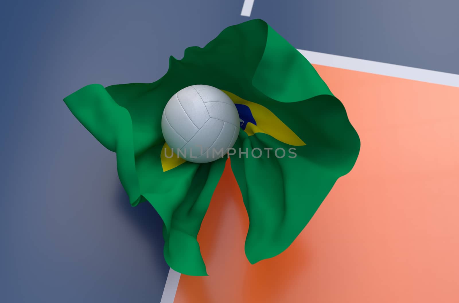 Flag of Brazil with championship volleyball ball on volleyball court