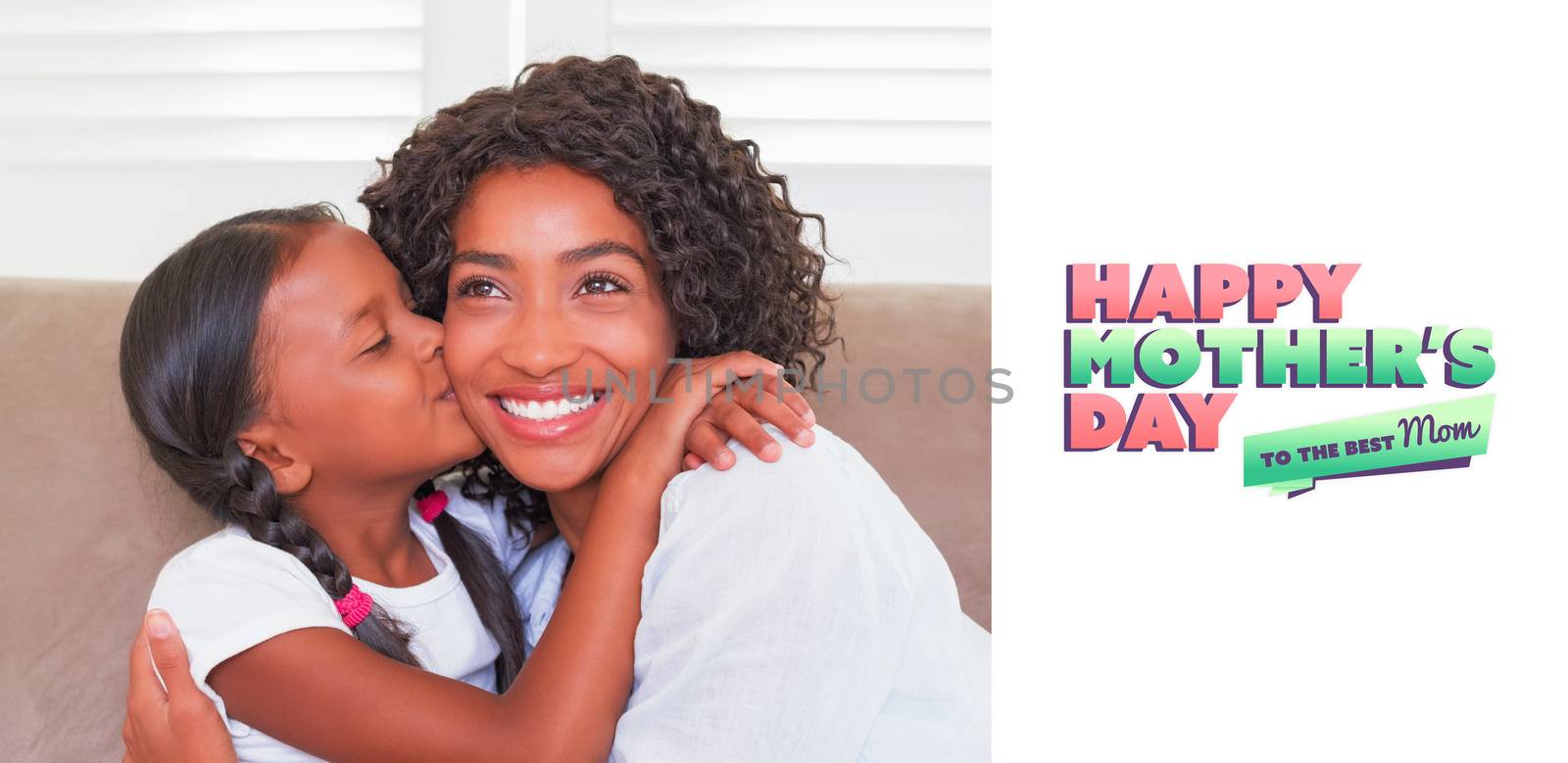 mothers day greeting against pretty mother sitting on the couch with her daughter kissing her cheek