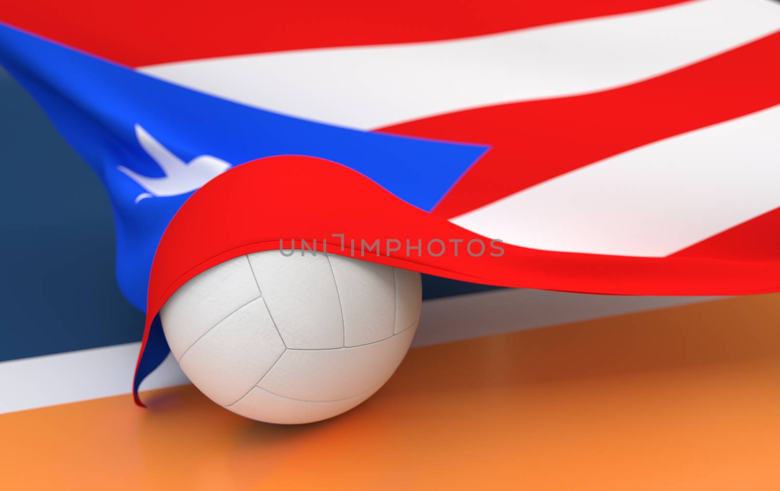 Flag of Puerto Rico with championship volleyball ball on volleyball court