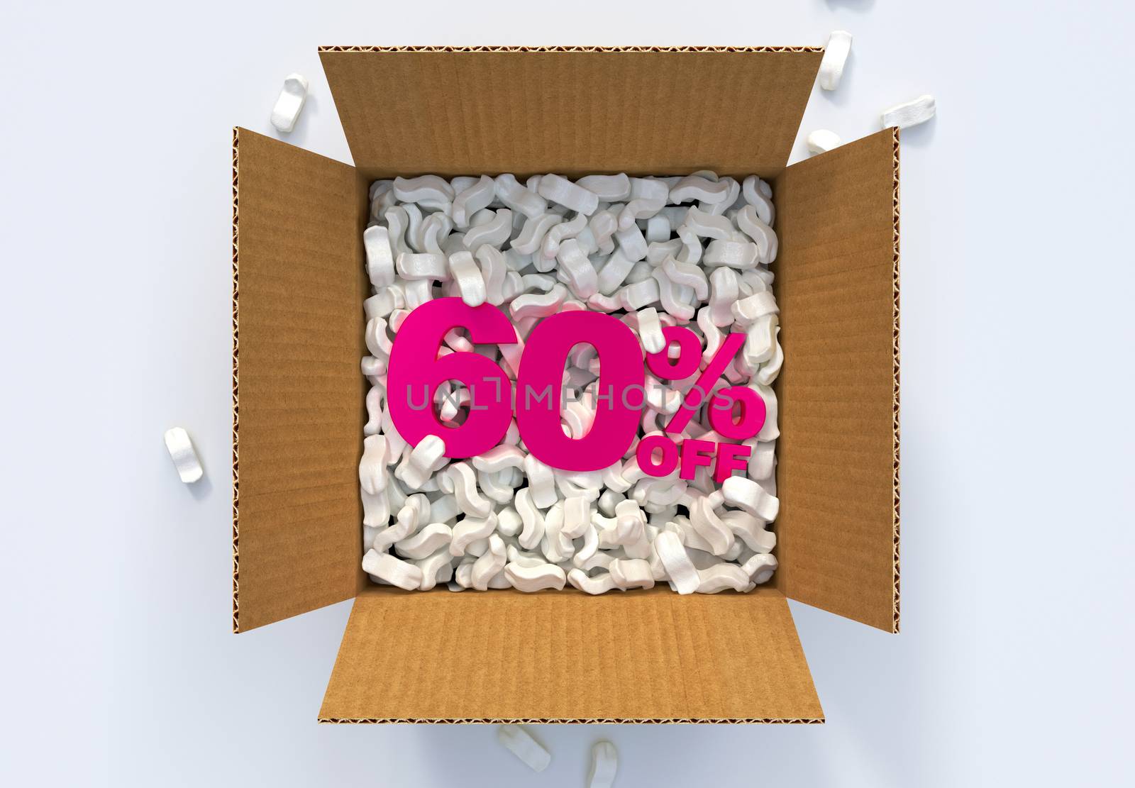 Cardboard Box with shipping peanuts and 60 percent off sign