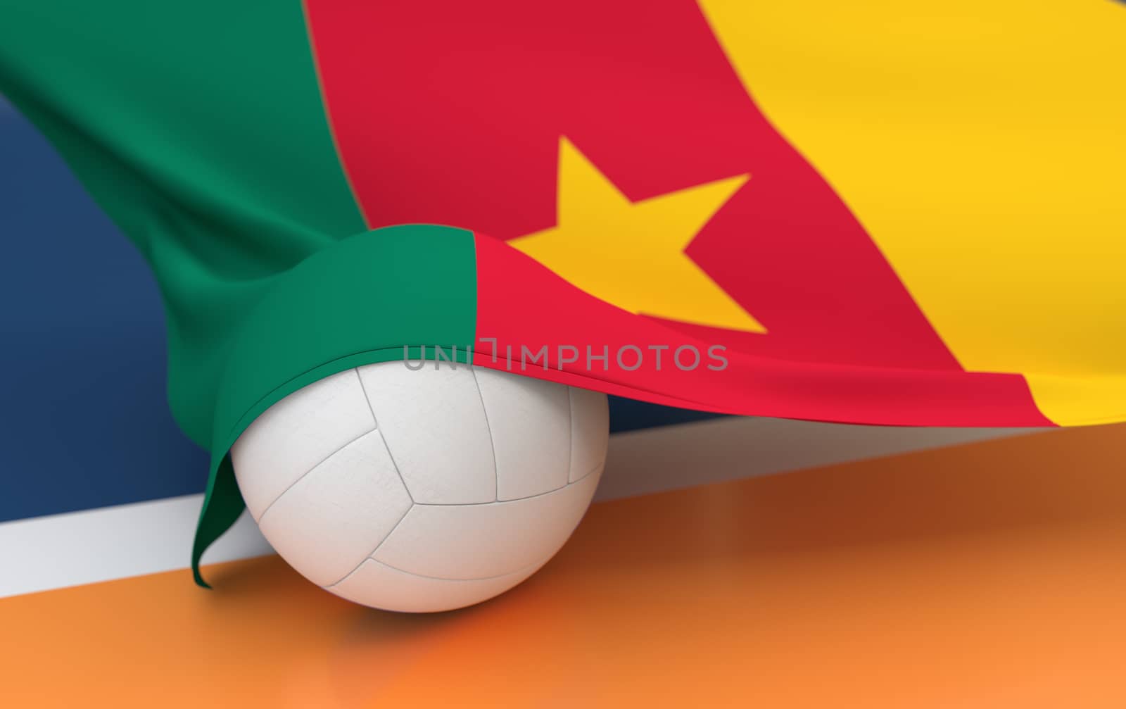 Flag of Cameroon with championship volleyball ball on volleyball court