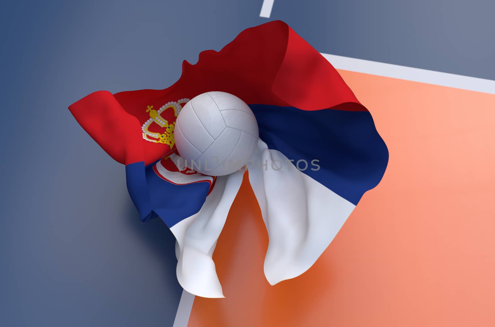 Flag of Serbia with championship volleyball ball on volleyball court