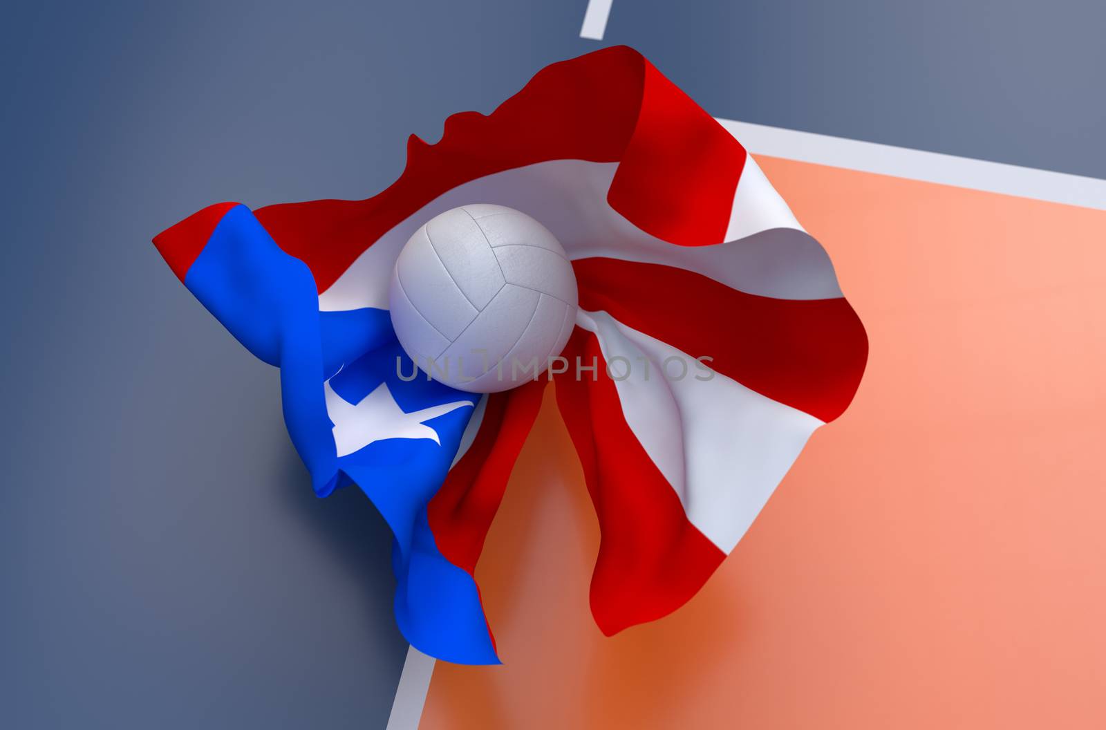 Flag of Puerto Rico with championship volleyball ball on volleyball court