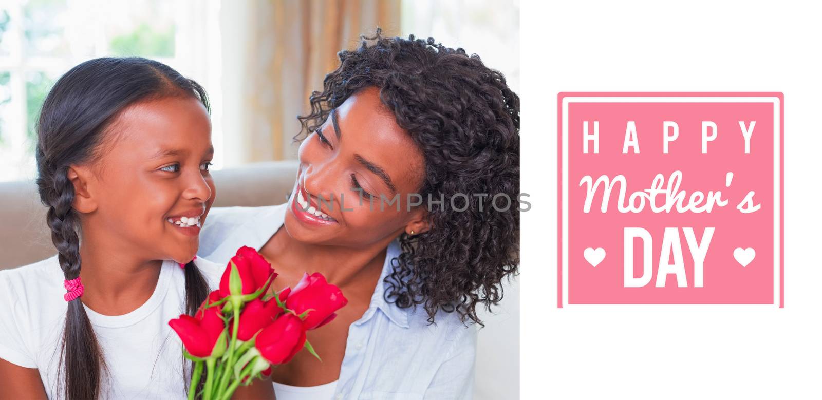 mothers day greeting against pretty mother sitting on the couch with her daughter holding roses