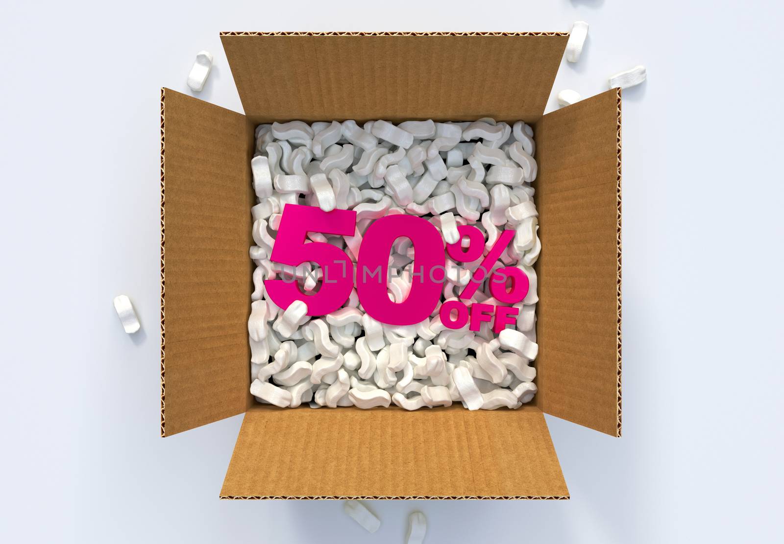 Cardboard Box with shipping peanuts and 50 percent off sign