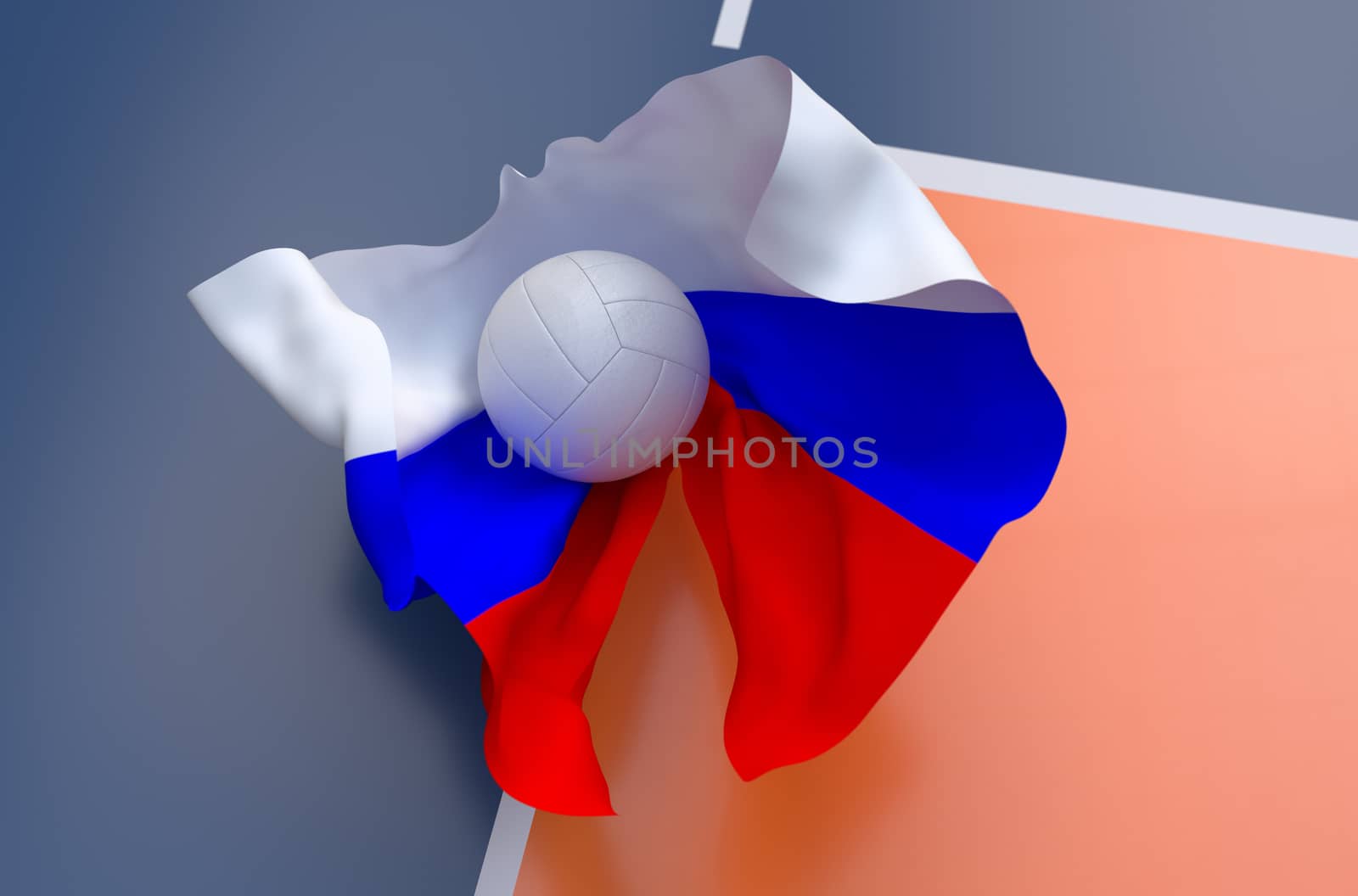 Flag of Russia with championship volleyball ball on volleyball court