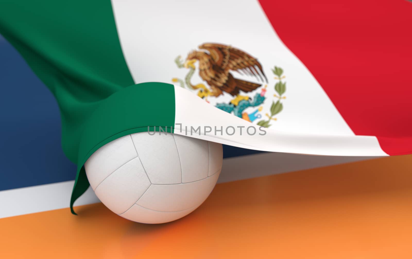 Flag of Mexico with championship volleyball ball on volleyball court