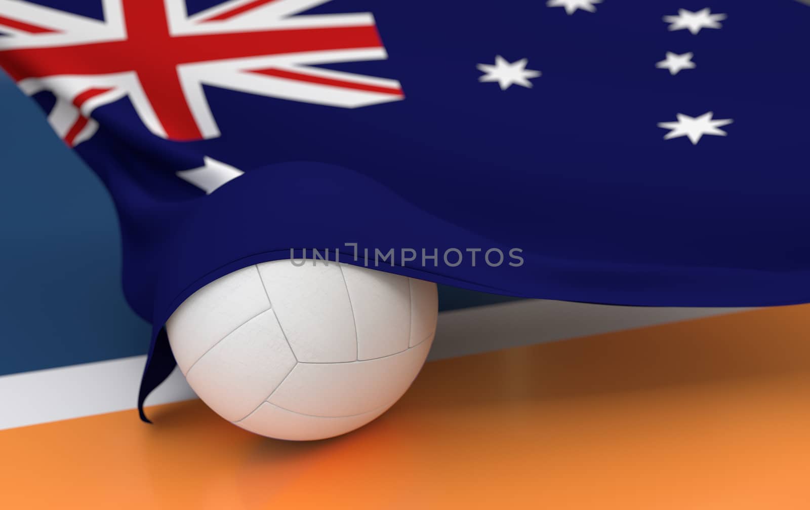 Flag of Australia with championship volleyball ball on volleyball court