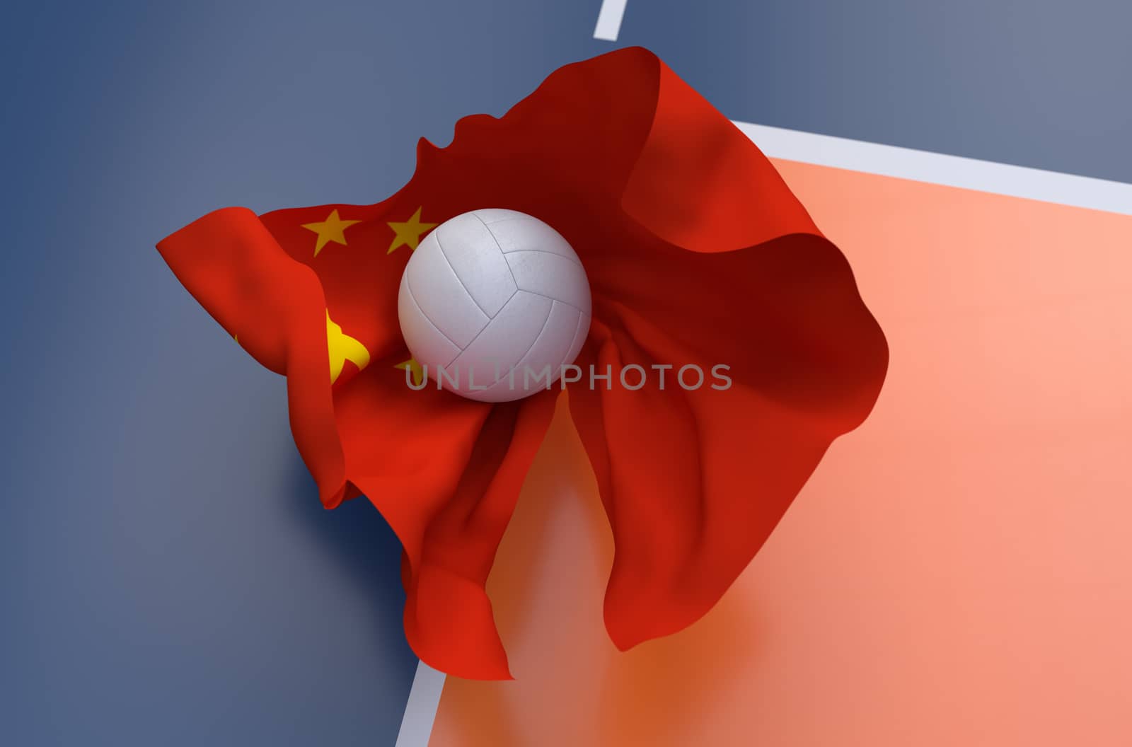 Flag of China with championship volleyball ball on volleyball court