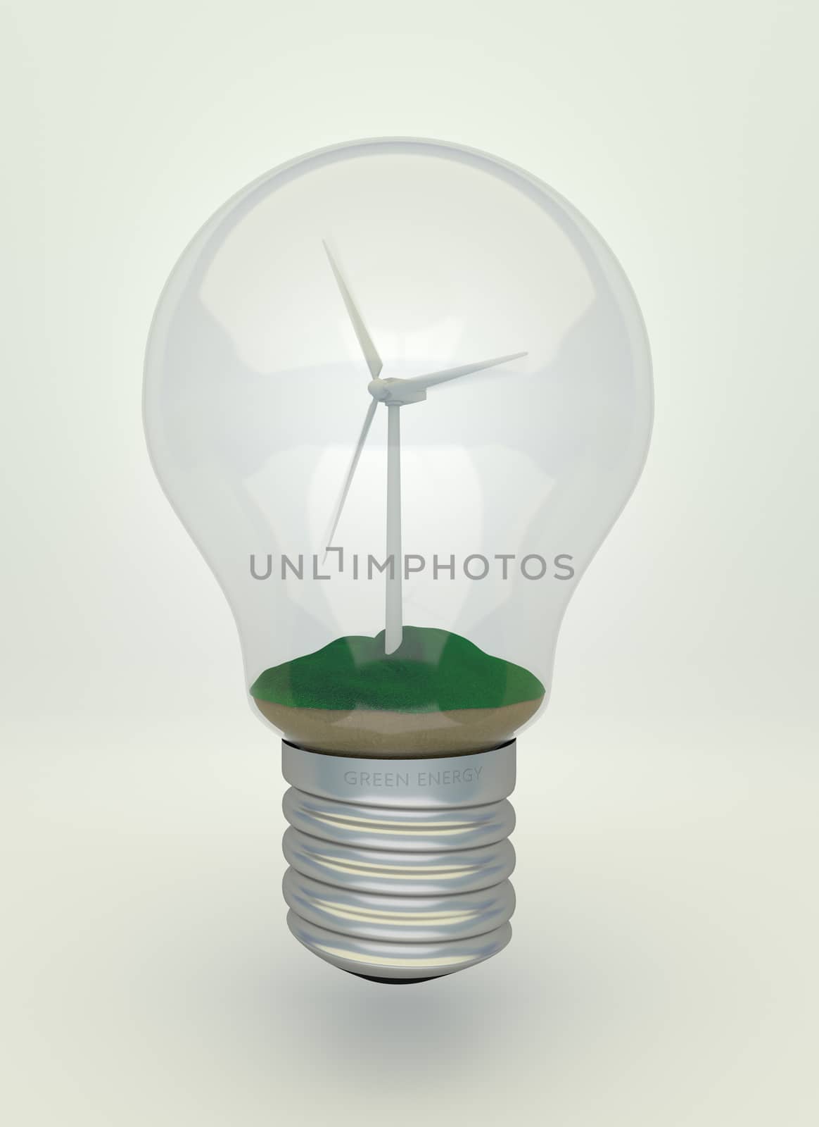  Wind turbine on the grass inside light bulb, eco light bulb