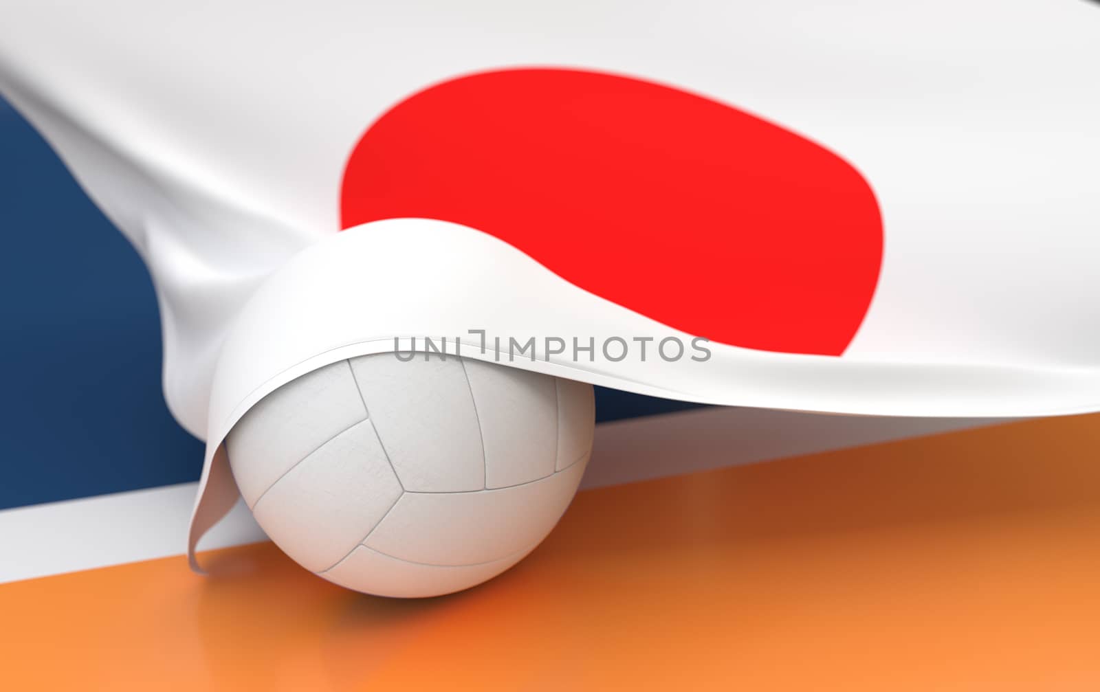 Flag of Japan with championship volleyball ball on volleyball court