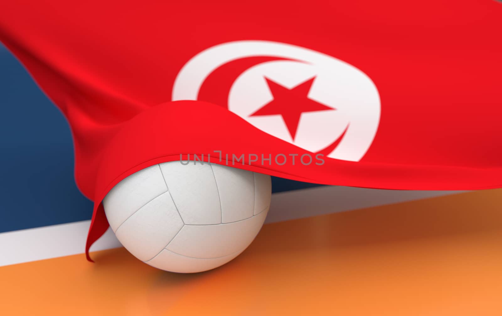 Flag of Tunisia with championship volleyball ball on volleyball court