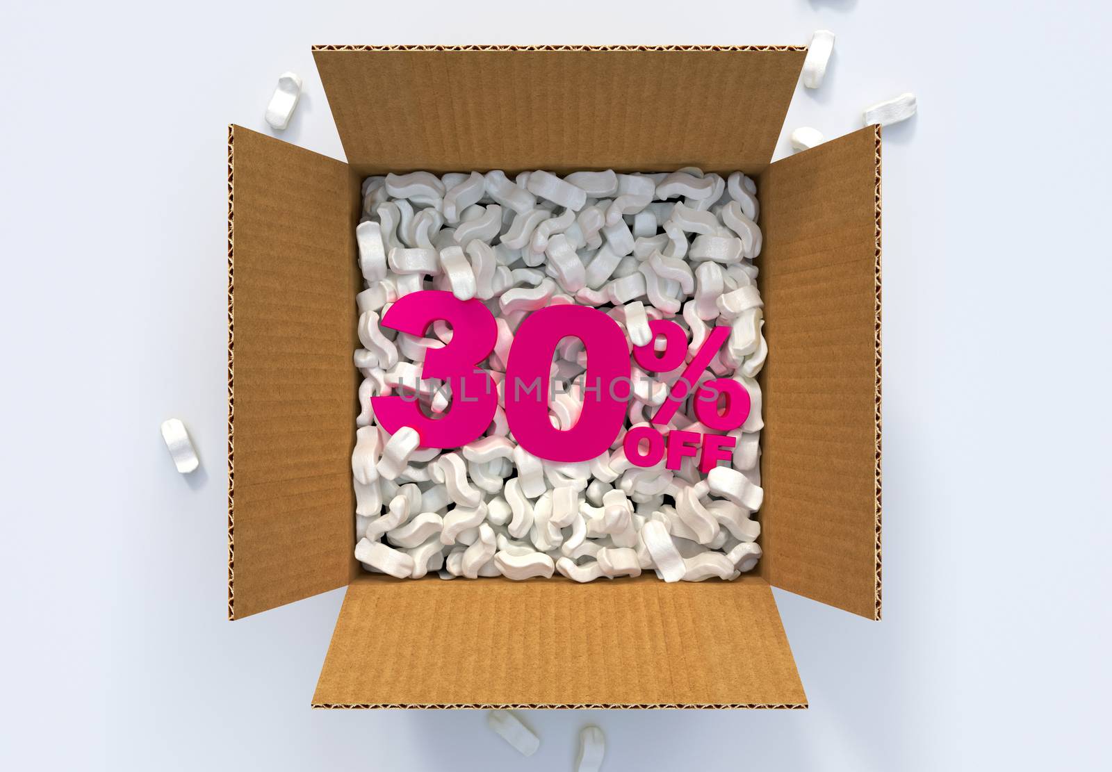 Cardboard Box with shipping peanuts and 30 percent off sign