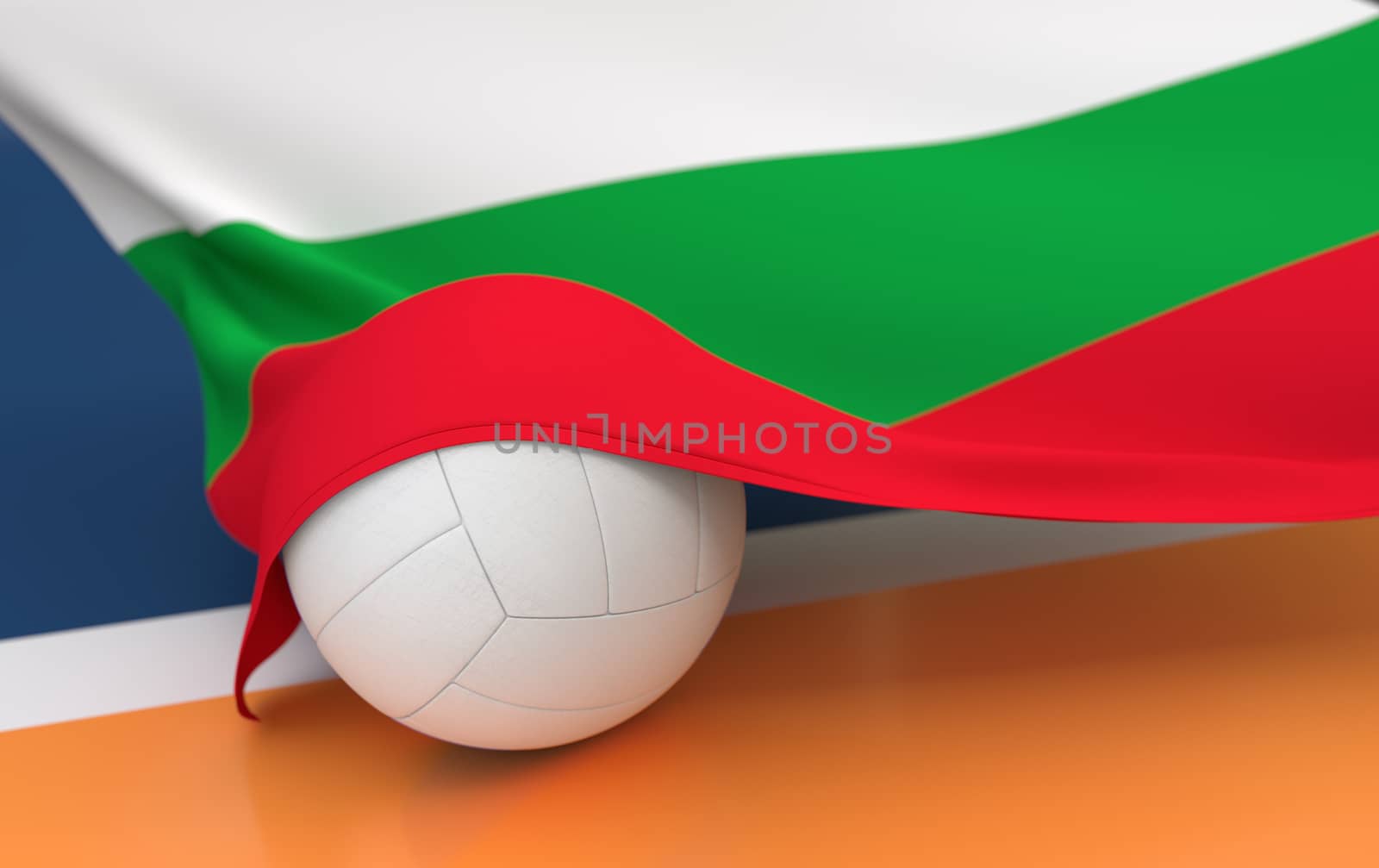 Flag of Bulgaria with championship volleyball ball on volleyball court