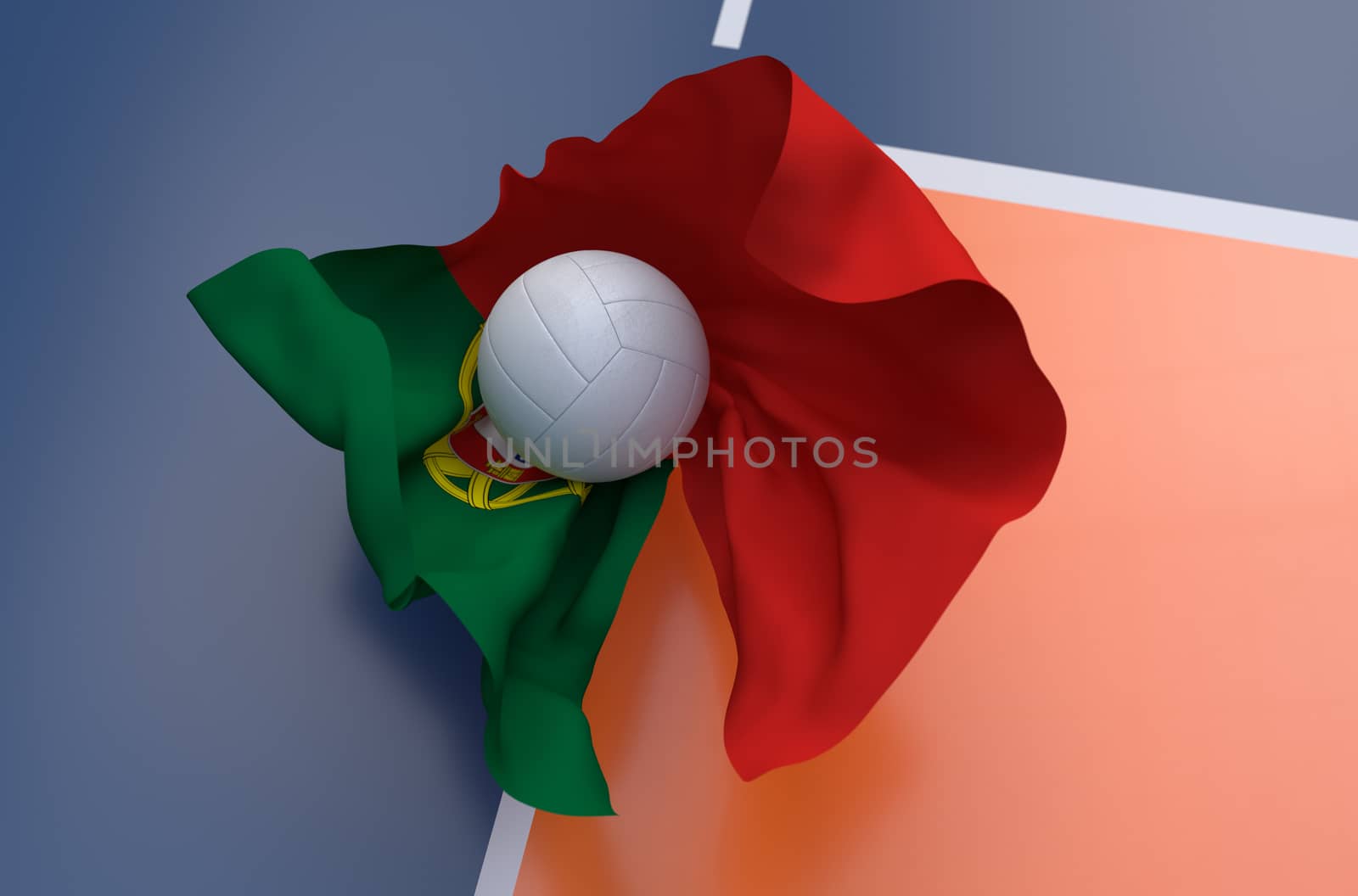 Flag of Portugal with championship volleyball ball on volleyball court