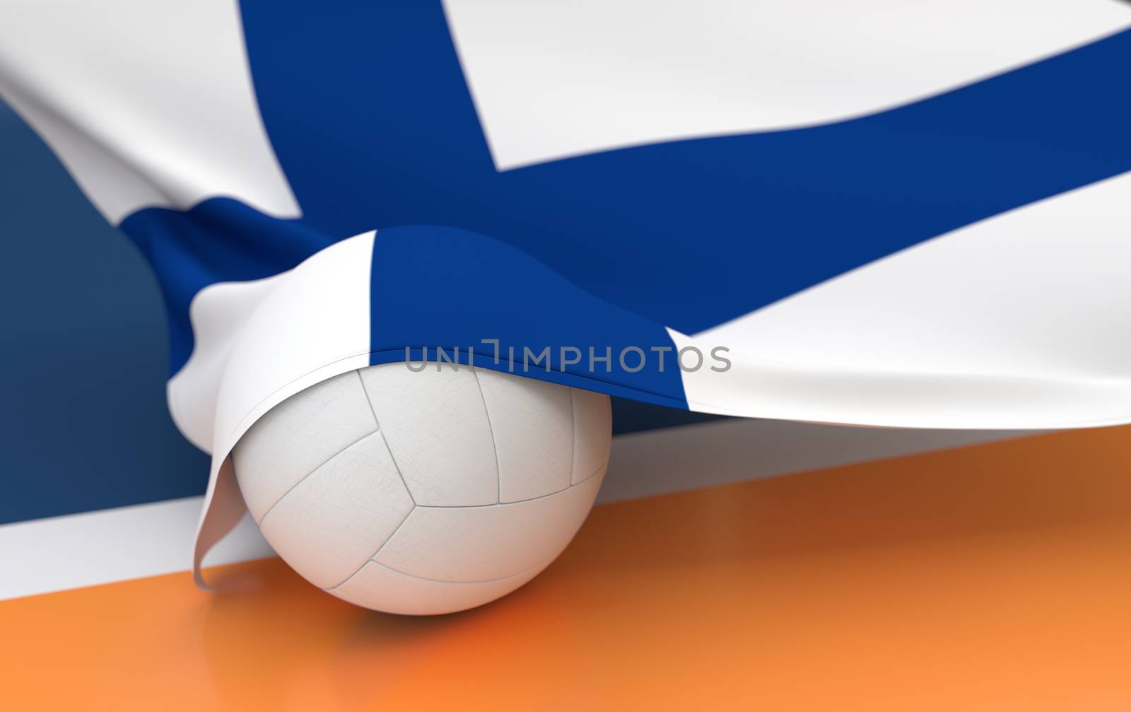 Flag of Finland with championship volleyball ball on volleyball court