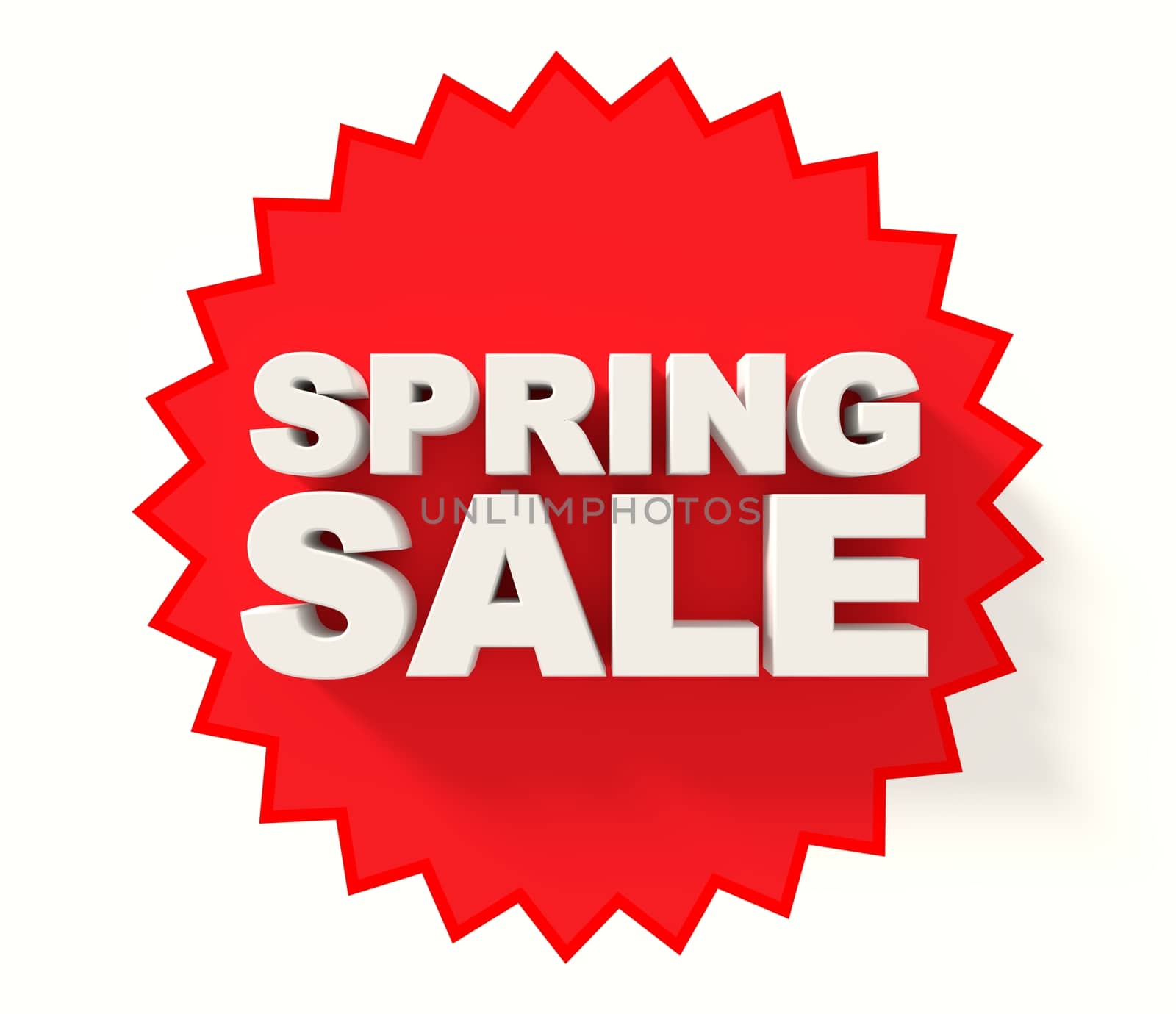 Spring sale sign, white letters on red star background