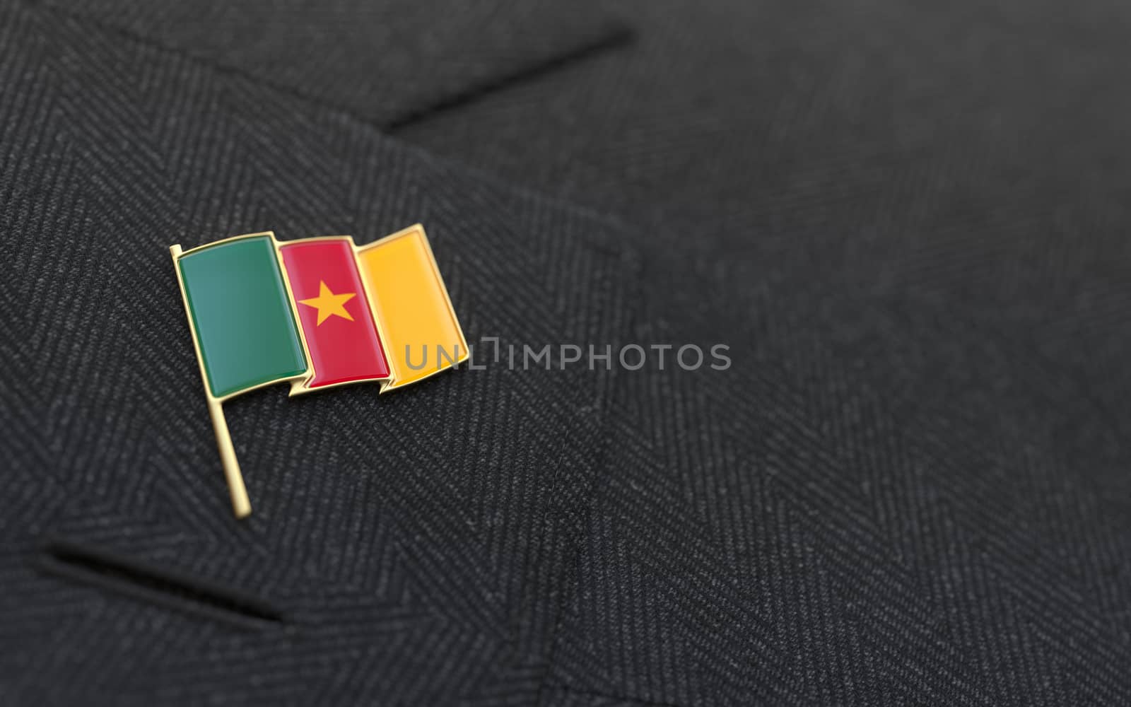 Cameroon flag lapel pin on the collar of a business suit jacket shows patriotism