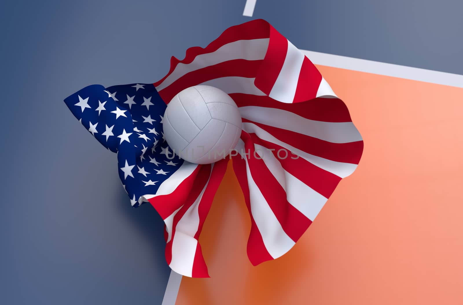 Flag of USA with championship volleyball ball on volleyball court