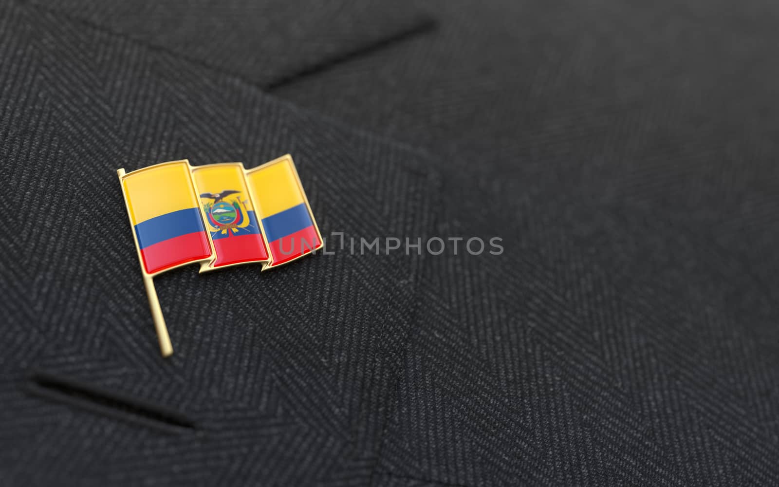 Ecuador flag lapel pin on the collar of a business suit jacket shows patriotism