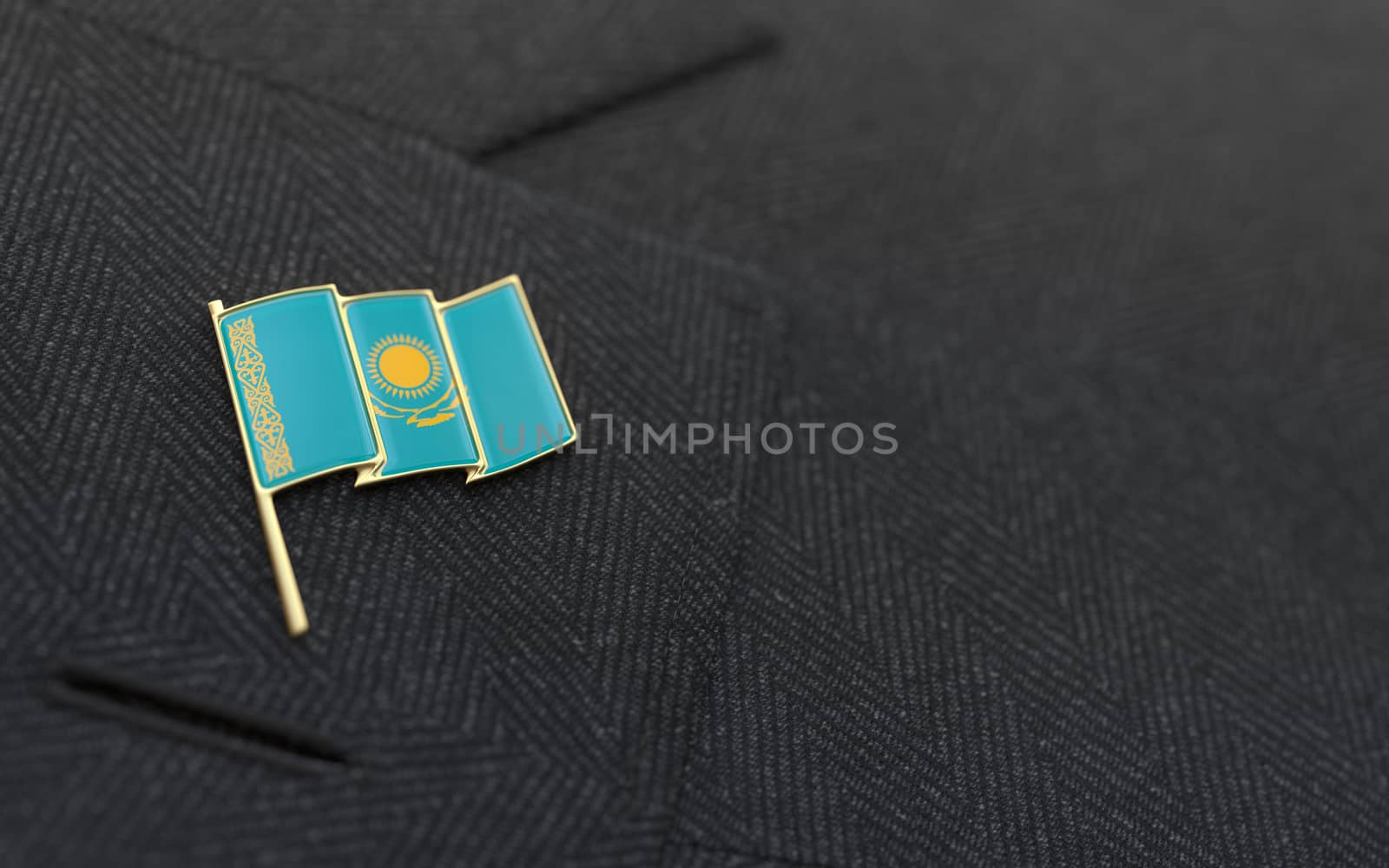 Kazakhstan flag lapel pin on the collar of a business suit jacket shows patriotism