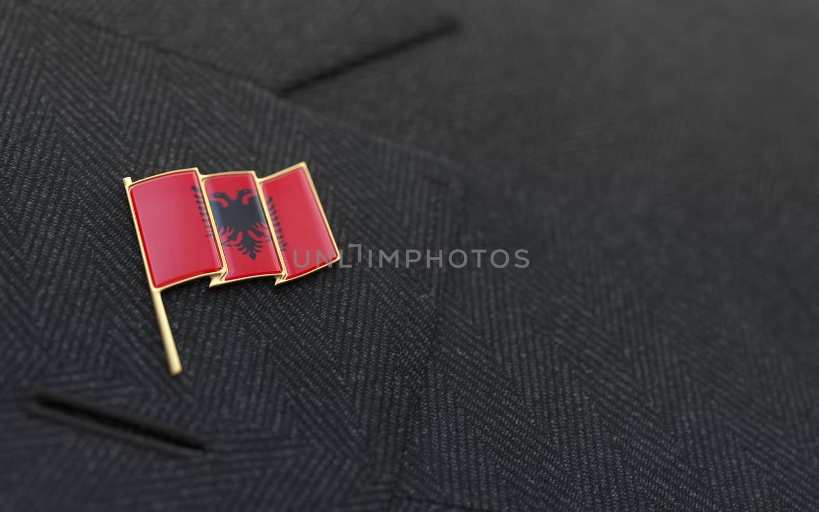 Albania flag lapel pin on the collar of a business suit jacket shows patriotism