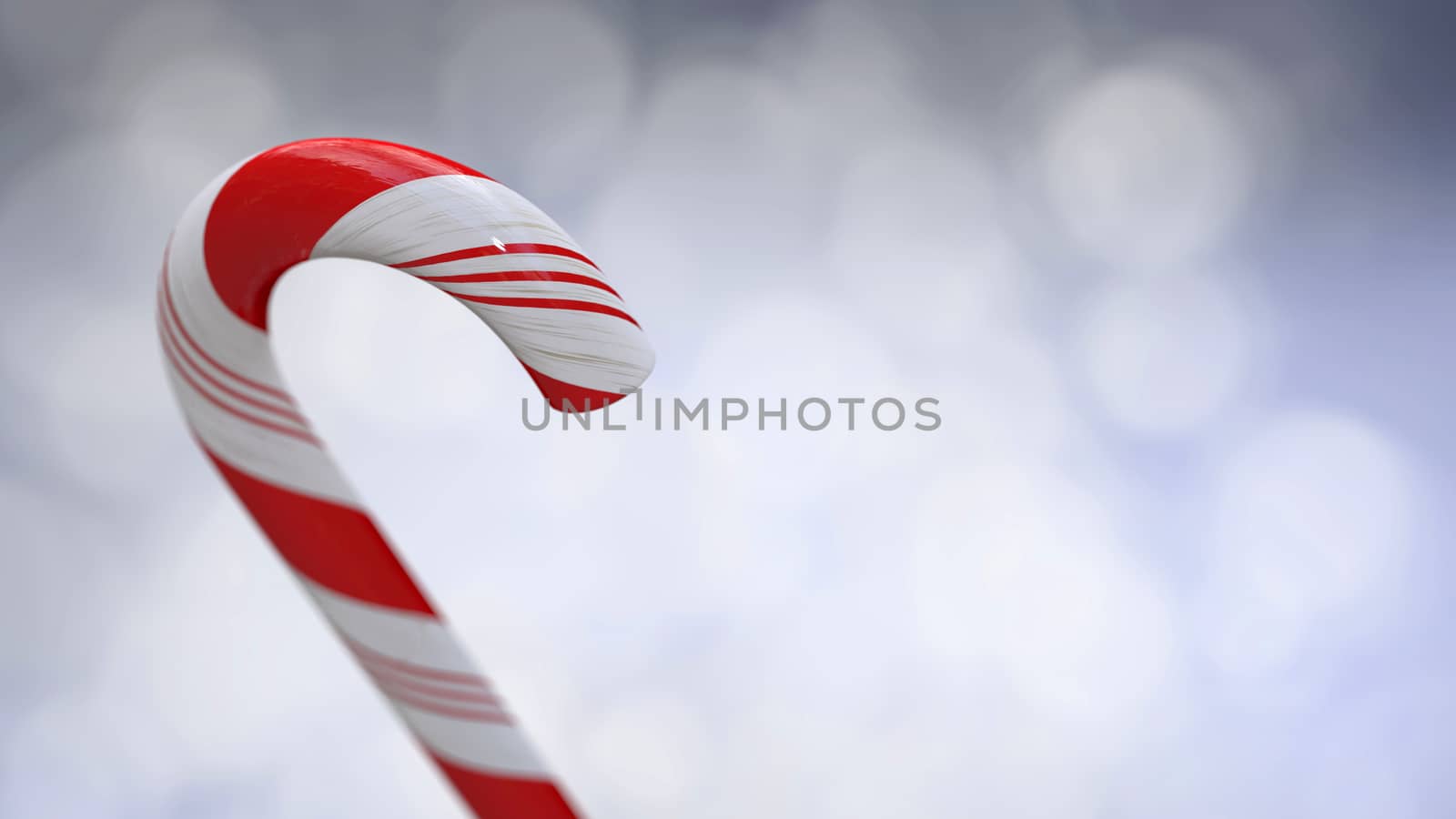 Candy Cane with selective focus on White, blue Background, Christmas Decoration 