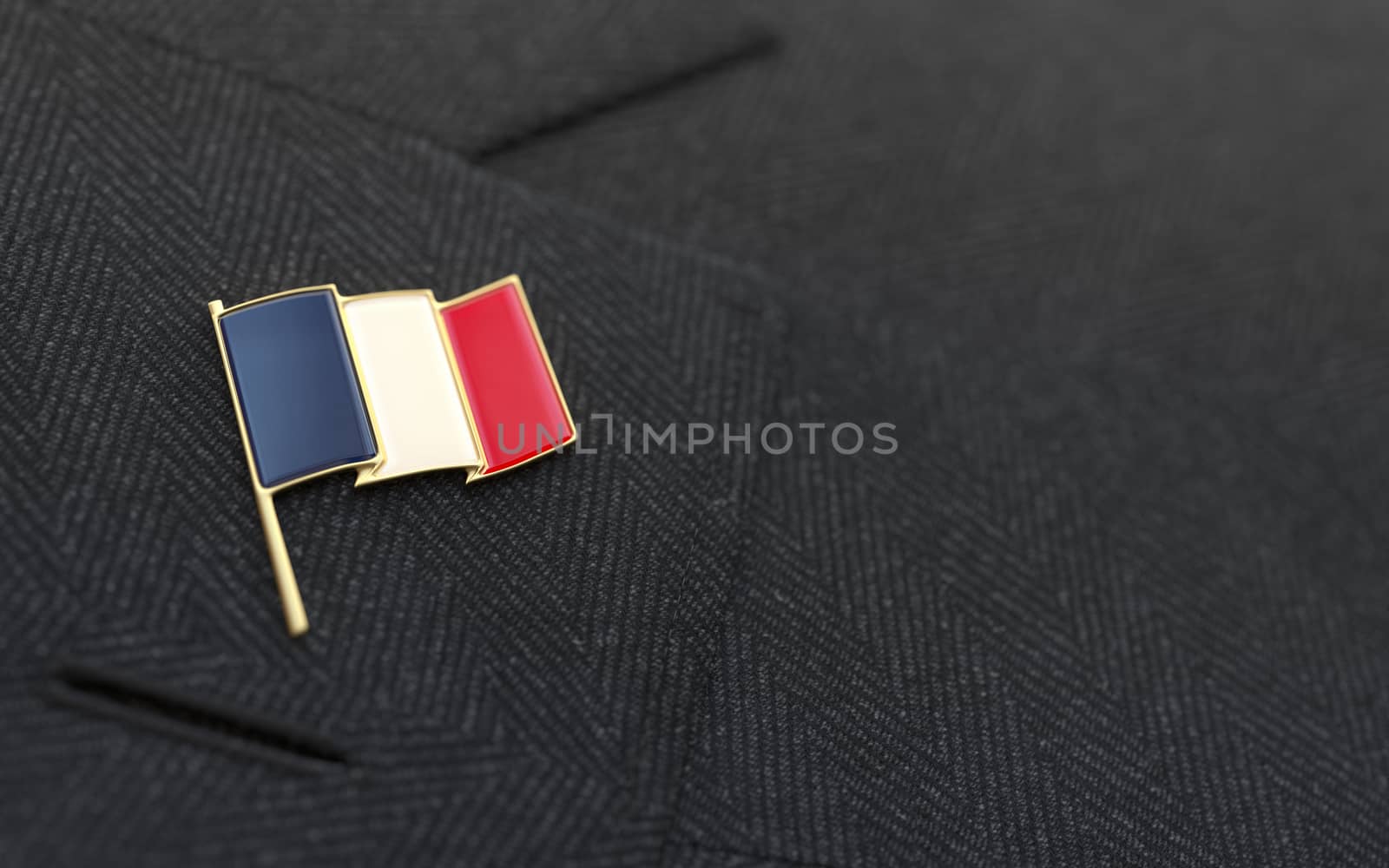 France flag lapel pin on the collar of a business suit jacket shows patriotism